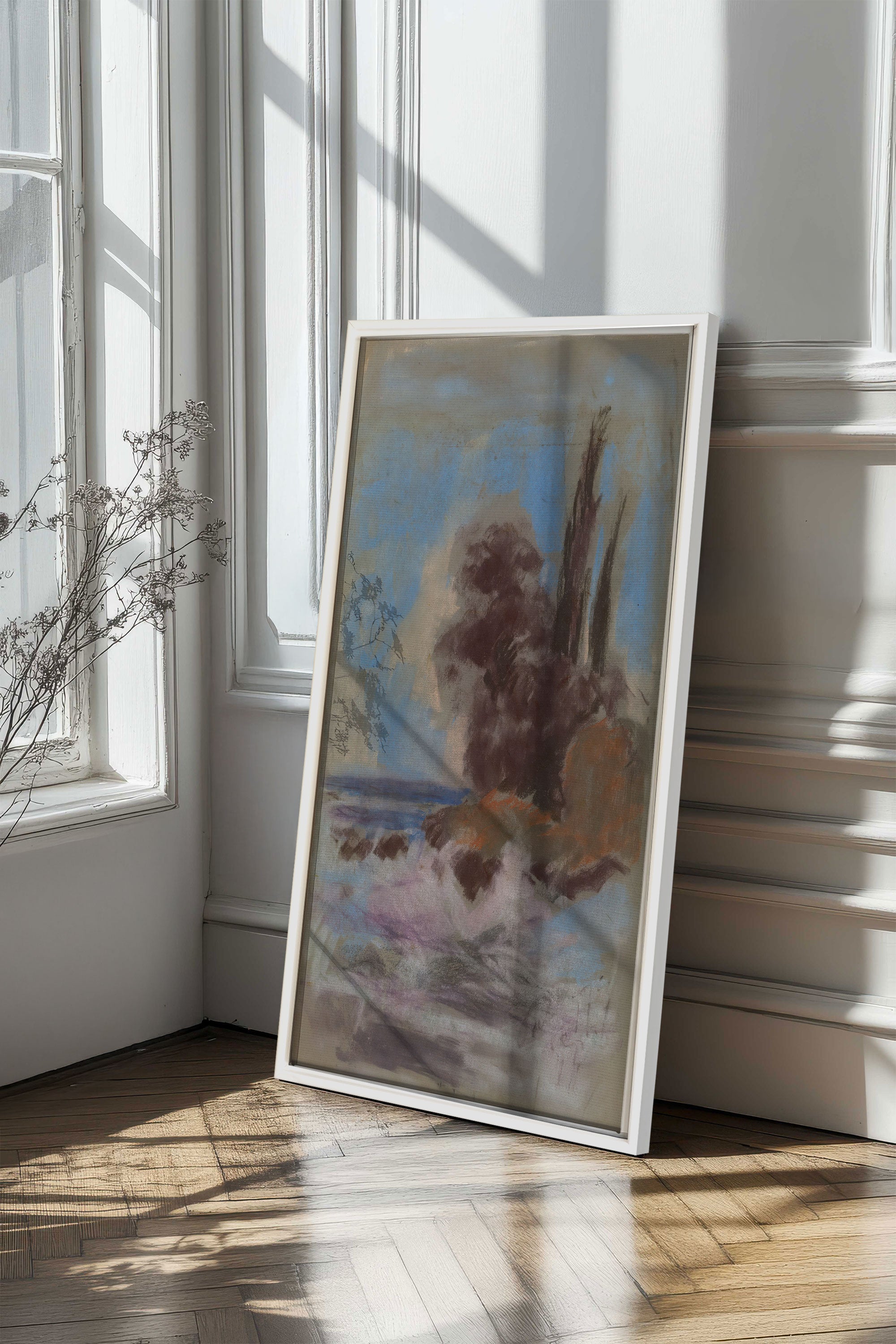 FOSSIL BLUE, Artwork on stretched canvas, framed in white