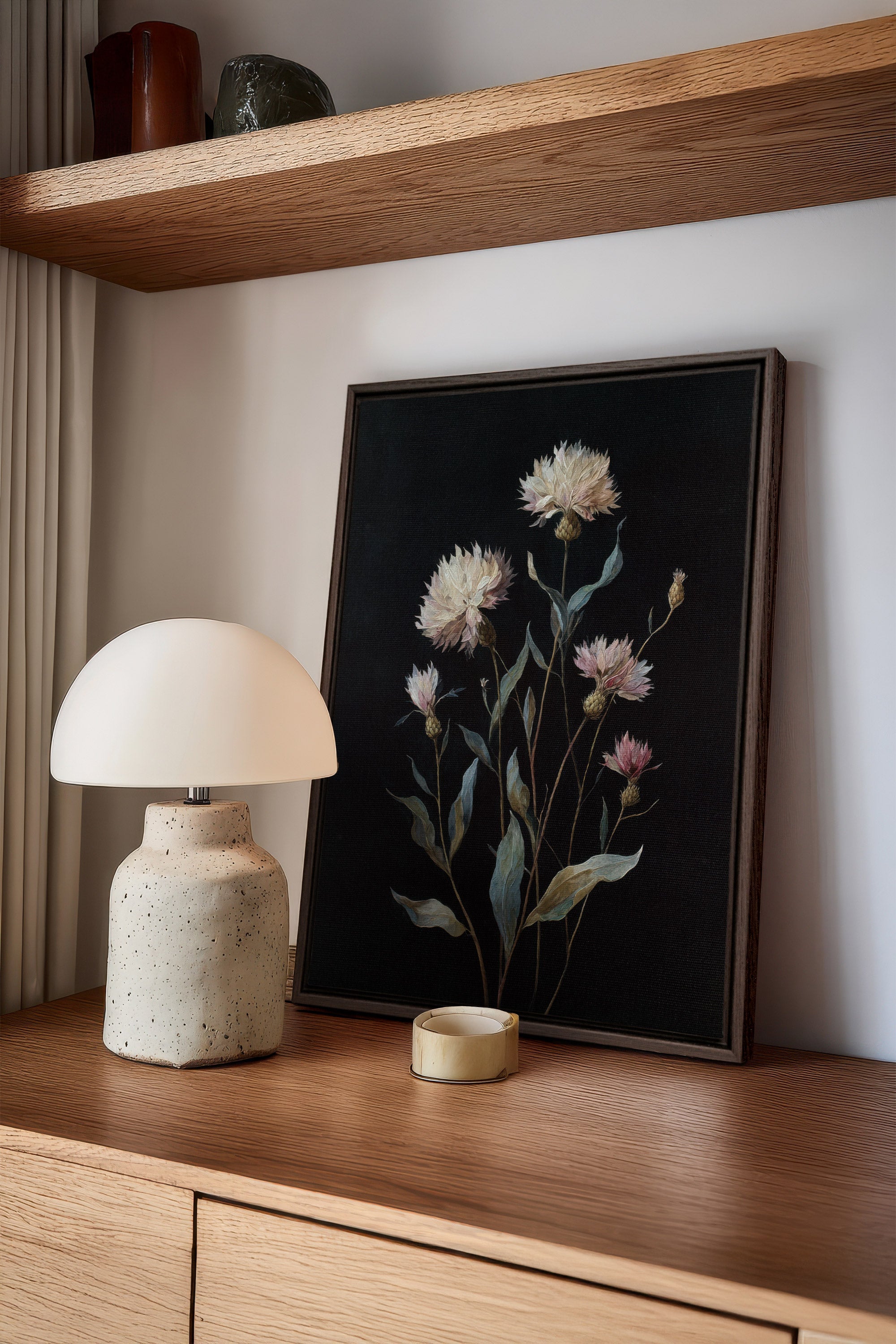 BLUSH FLORA, Work on stretched canvas, framed Walnut Brown