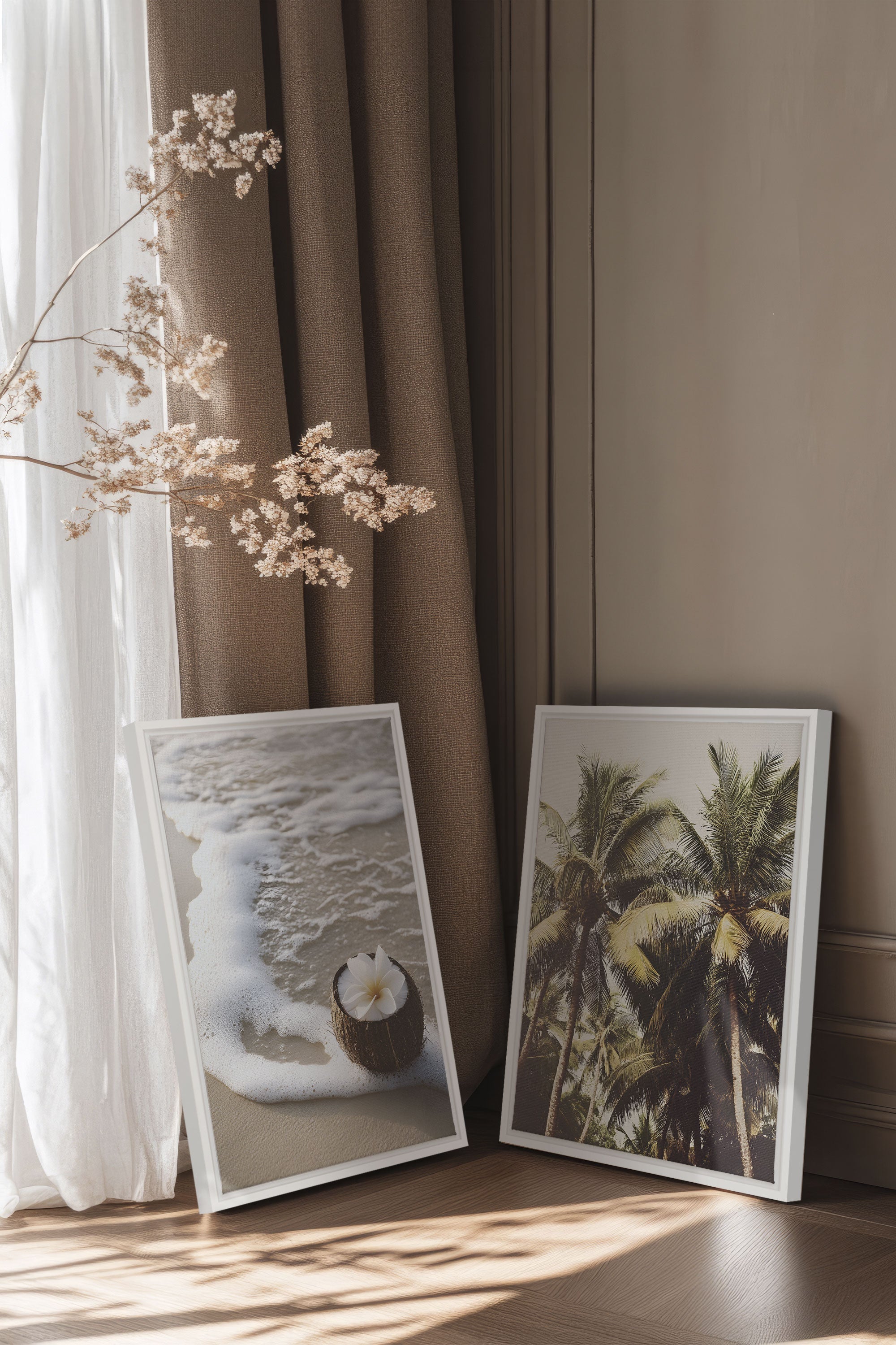 OLEKA CANVAS - DUO SABLE & COCO, 2 Oeuvres sur toile étirée, encadré Blanc