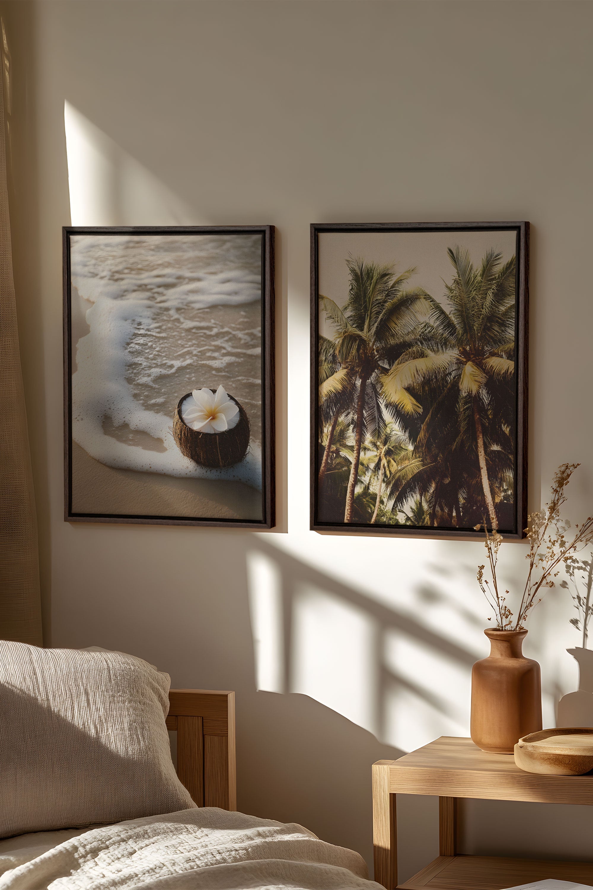 OLEKA CANVAS - DUO SABLE & COCO, 2 Oeuvres sur toile étirée, encadré Brun Noyer