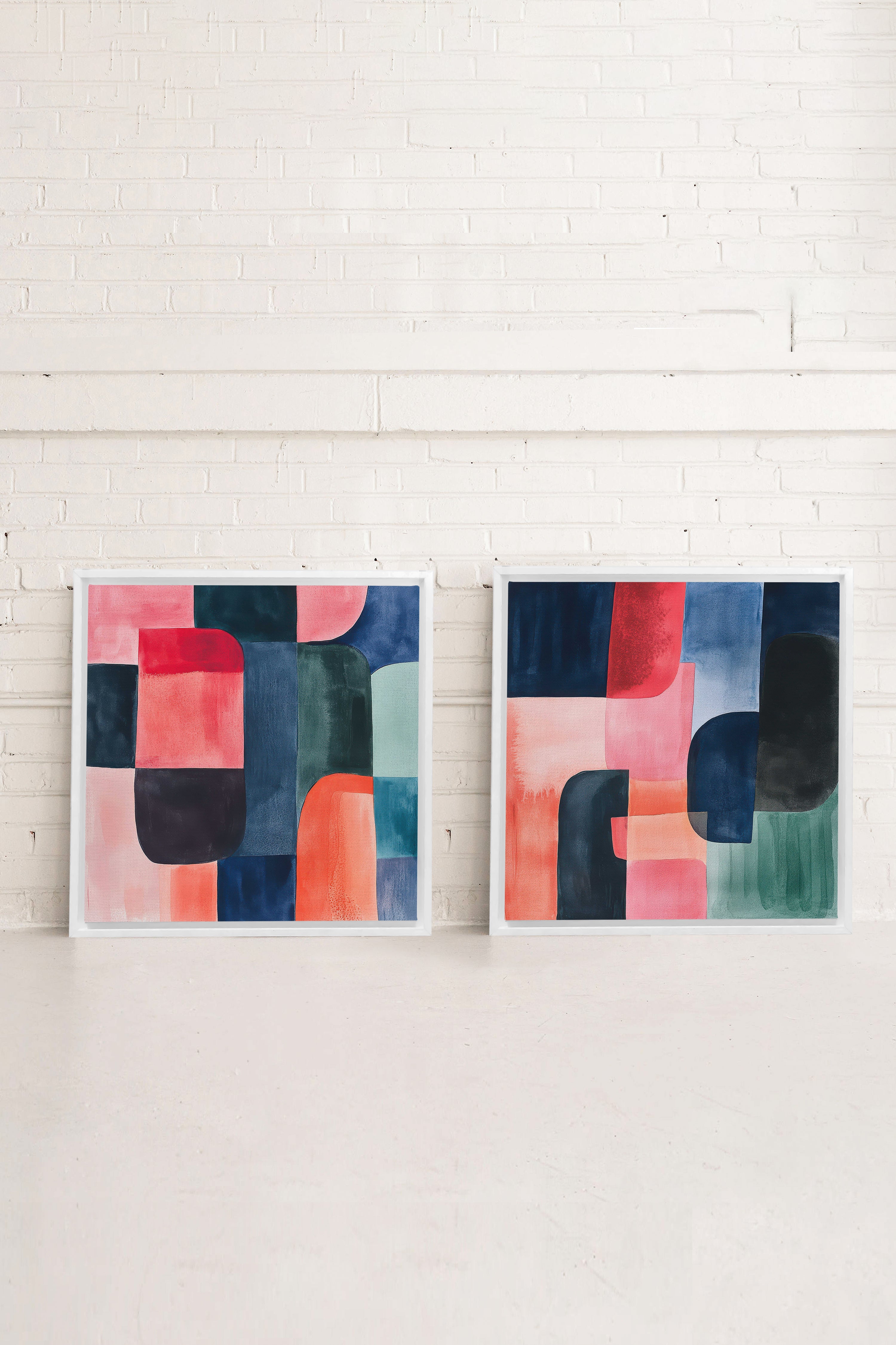 DUO ÉCLATS COLORÉS, 2 Works on stretched canvas, framed in white