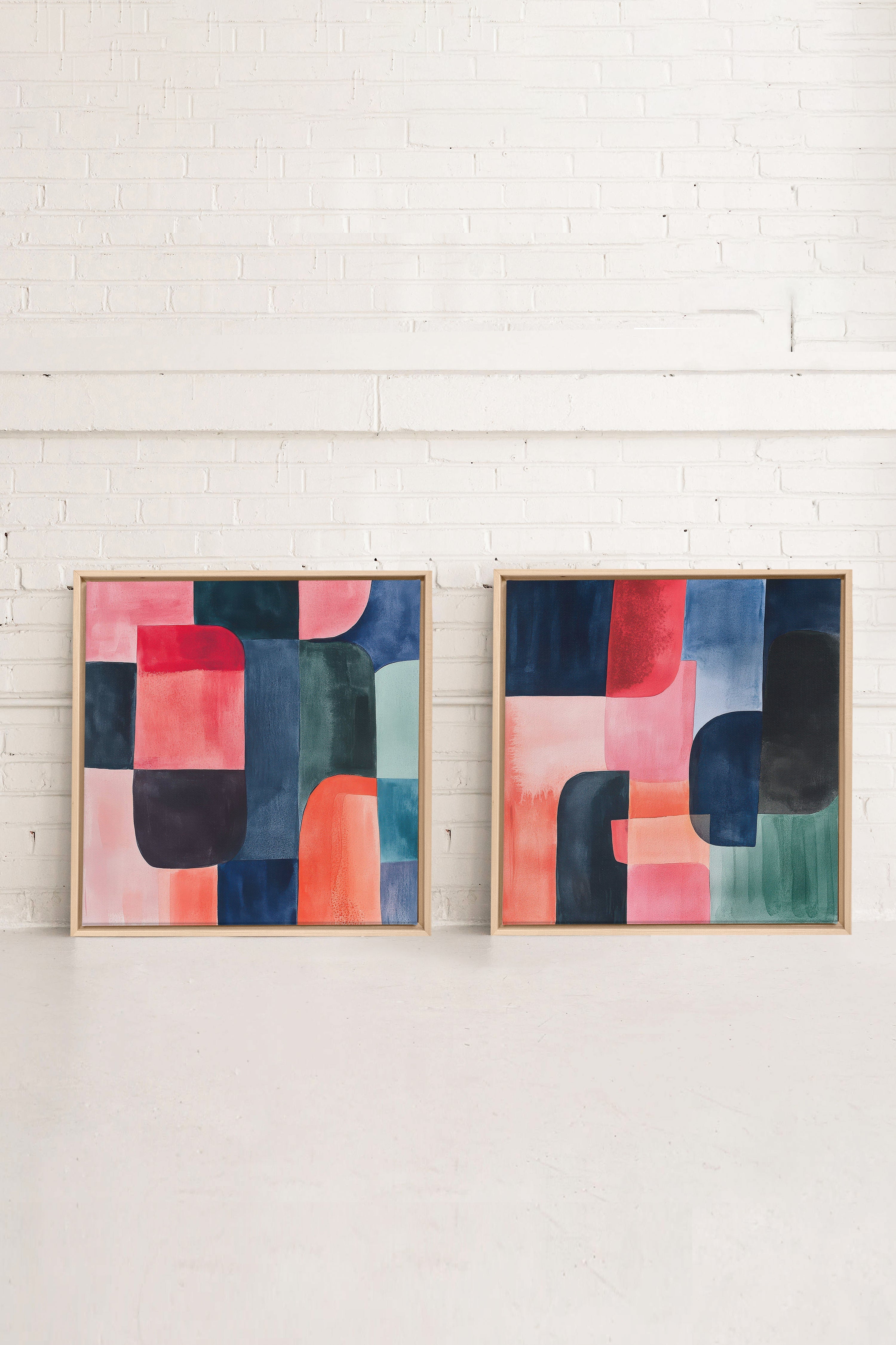 DUO ÉCLATS COLORÉS, 2 Oeuvres sur toile étirée, encadré Naturel Clair