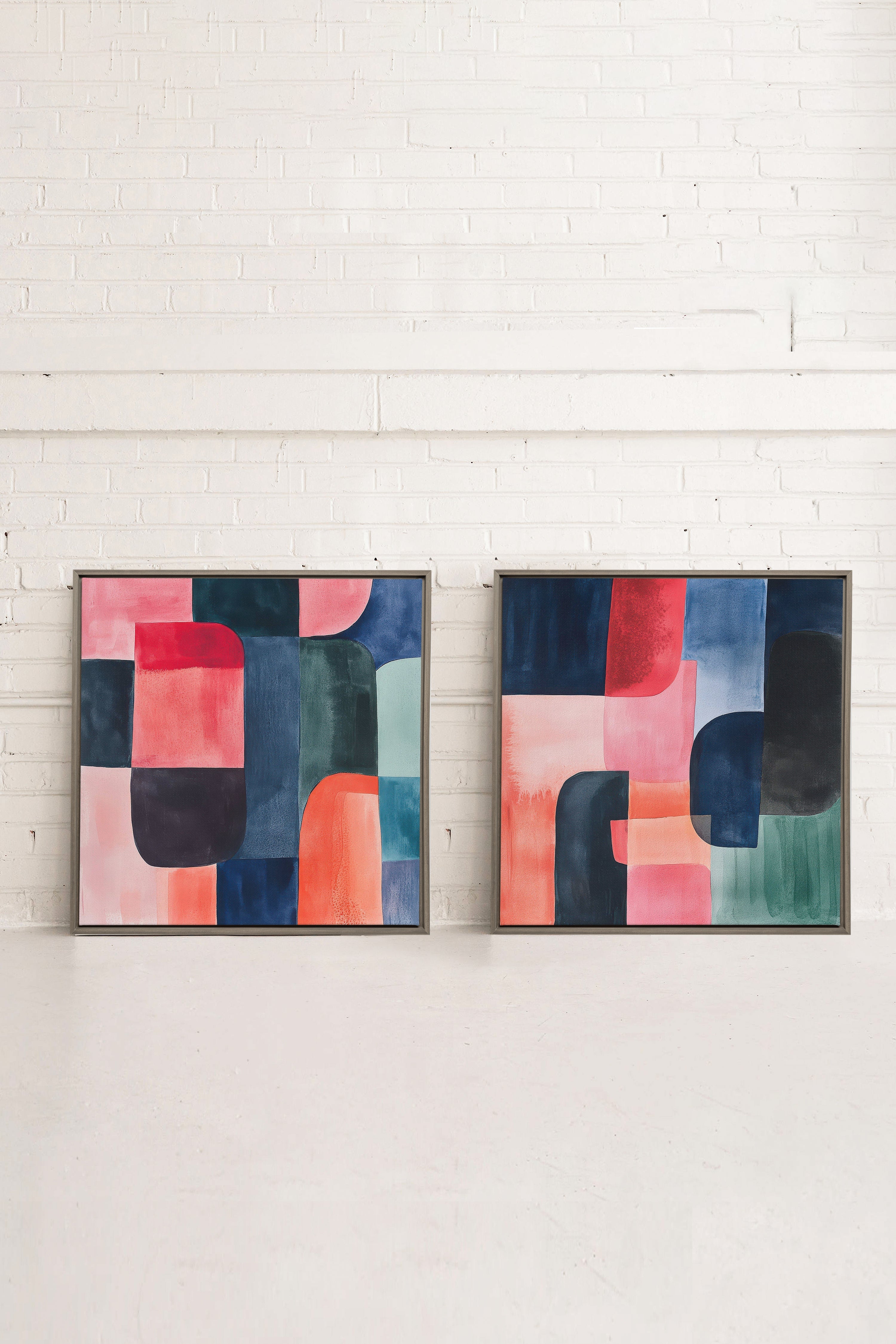 DUO ÉCLATS COLORÉS, 2 Oeuvres sur toile étirée, encadré Brun Chêne