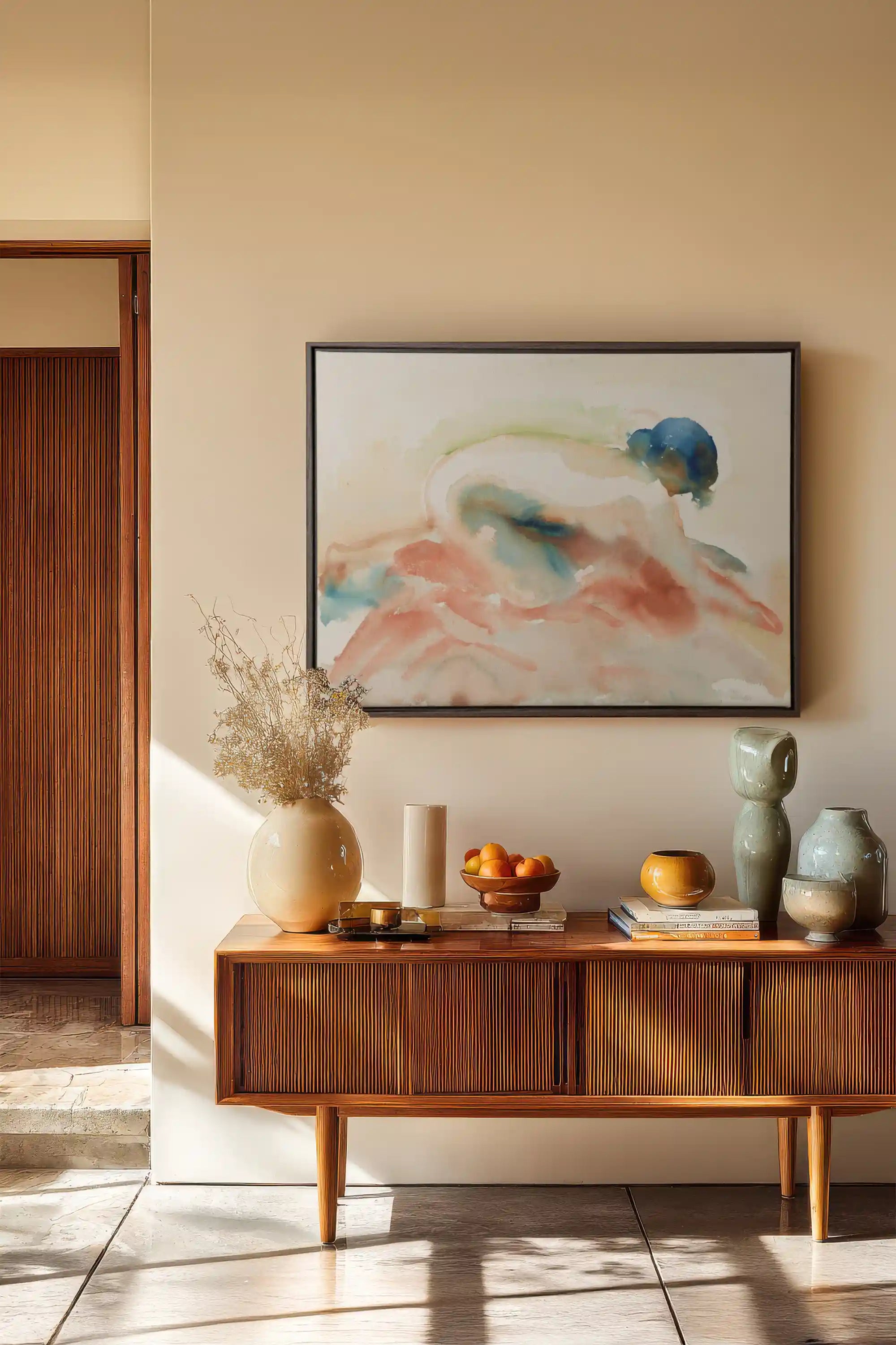 CORAL DRIFT, Oeuvre sur toile étirée, encadré Brun Noyer