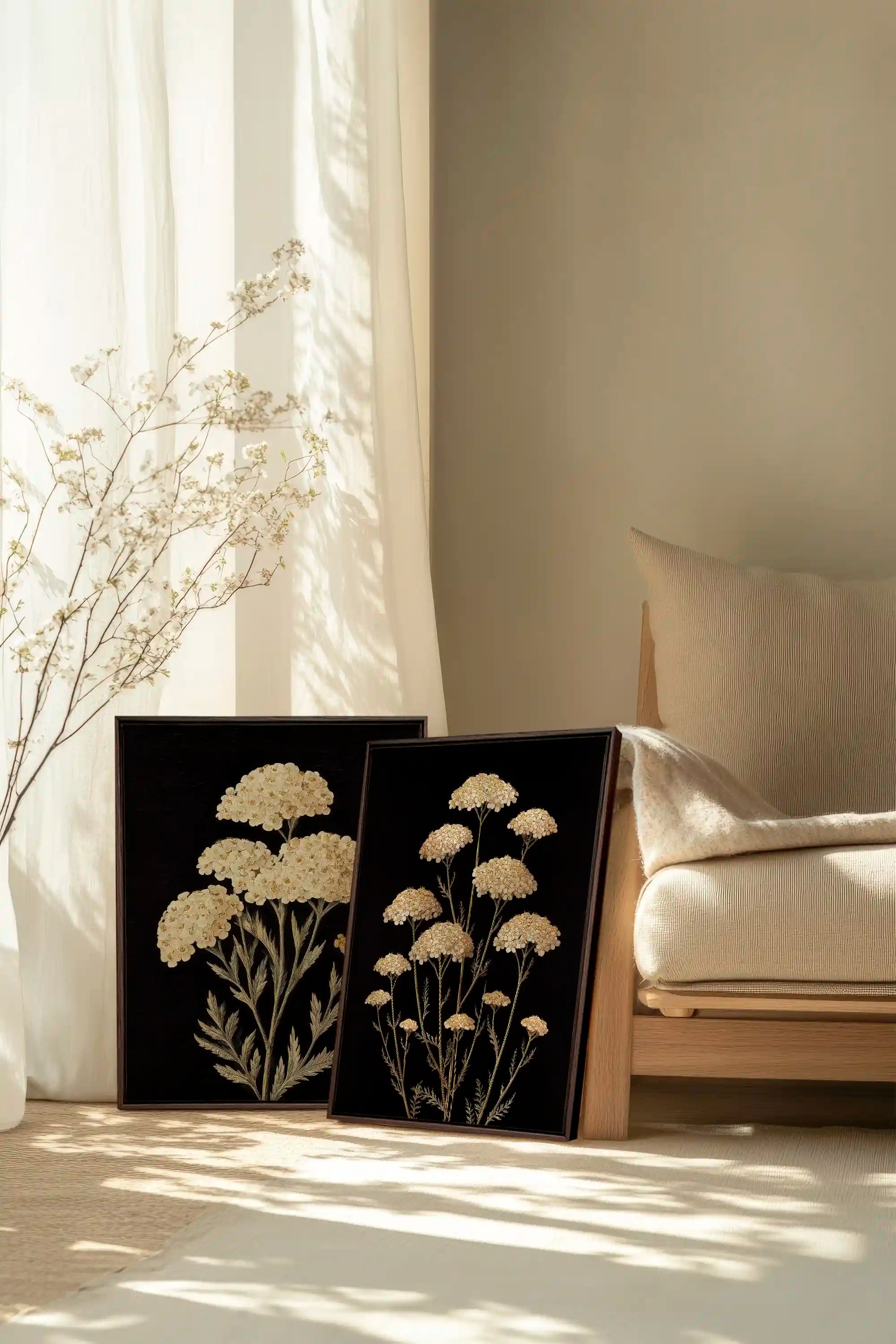 DUO SATINS DES CHAMPS, 2 Works on stretched canvas, framed Walnut Brown