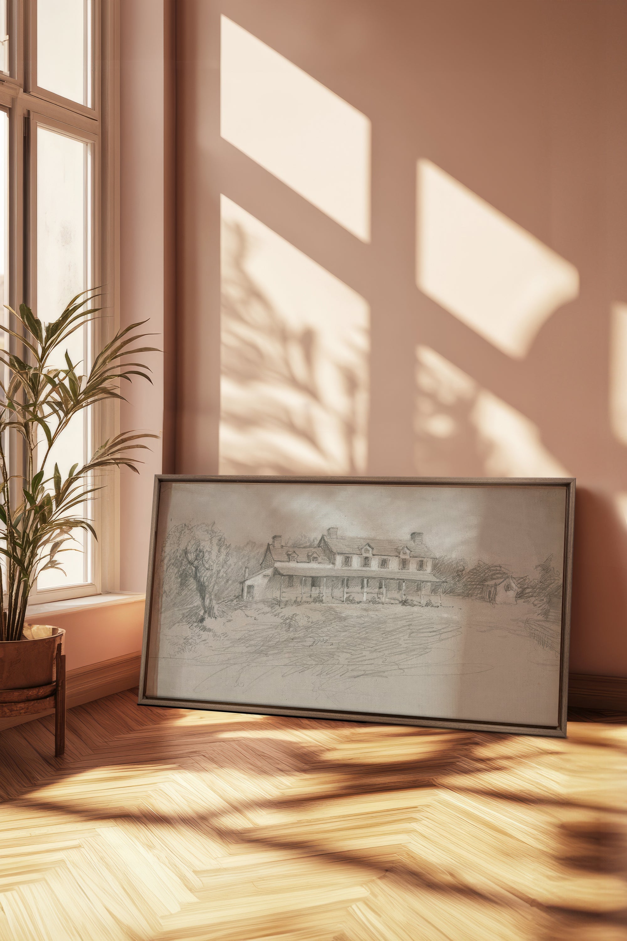 SHADOWED HOUSE, Artwork on stretched canvas, framed in Brown Oak