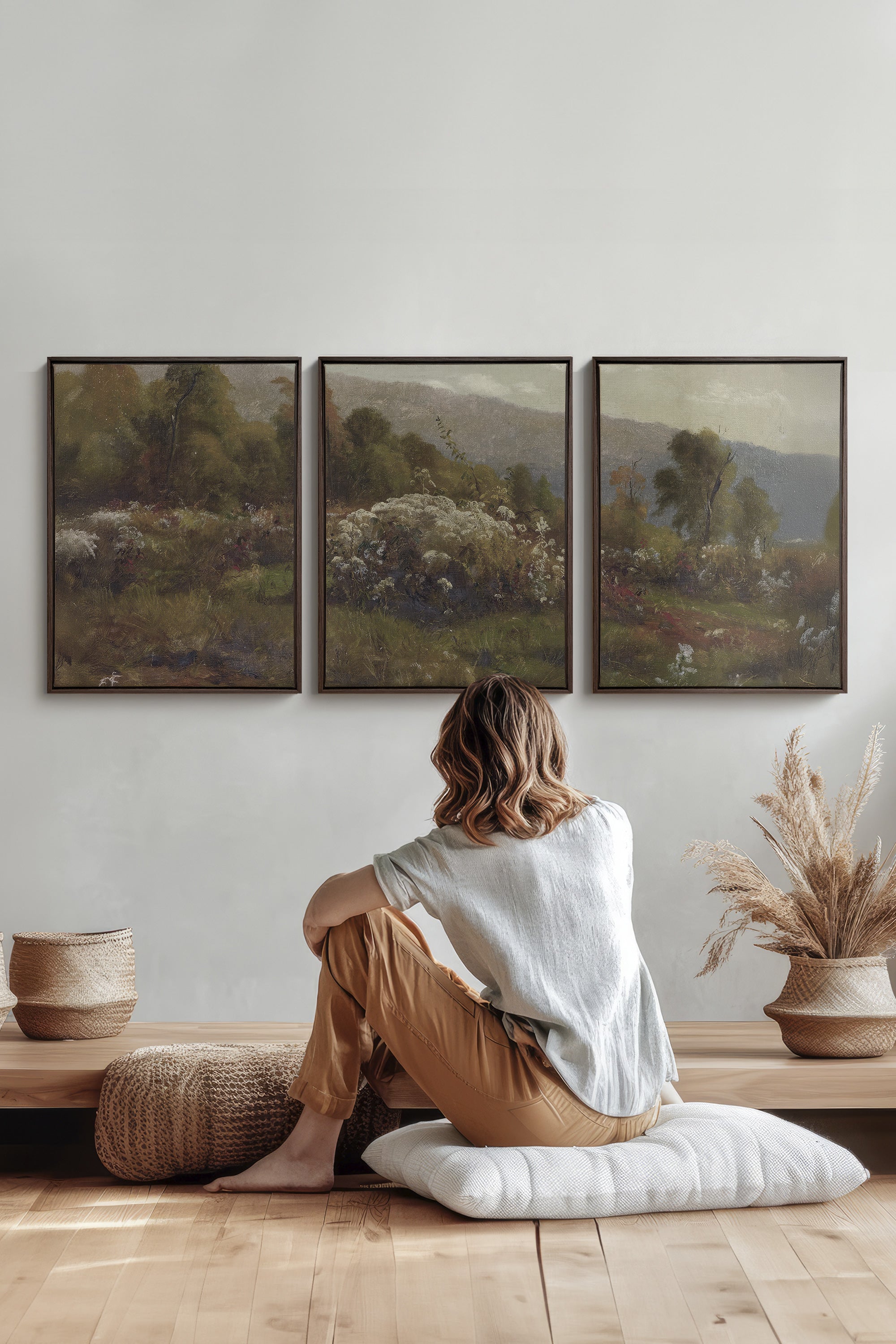 TRIO DOUCEURS CHAMPÊTRES, 3 Artworks on stretched canvas, framed in Walnut Brown