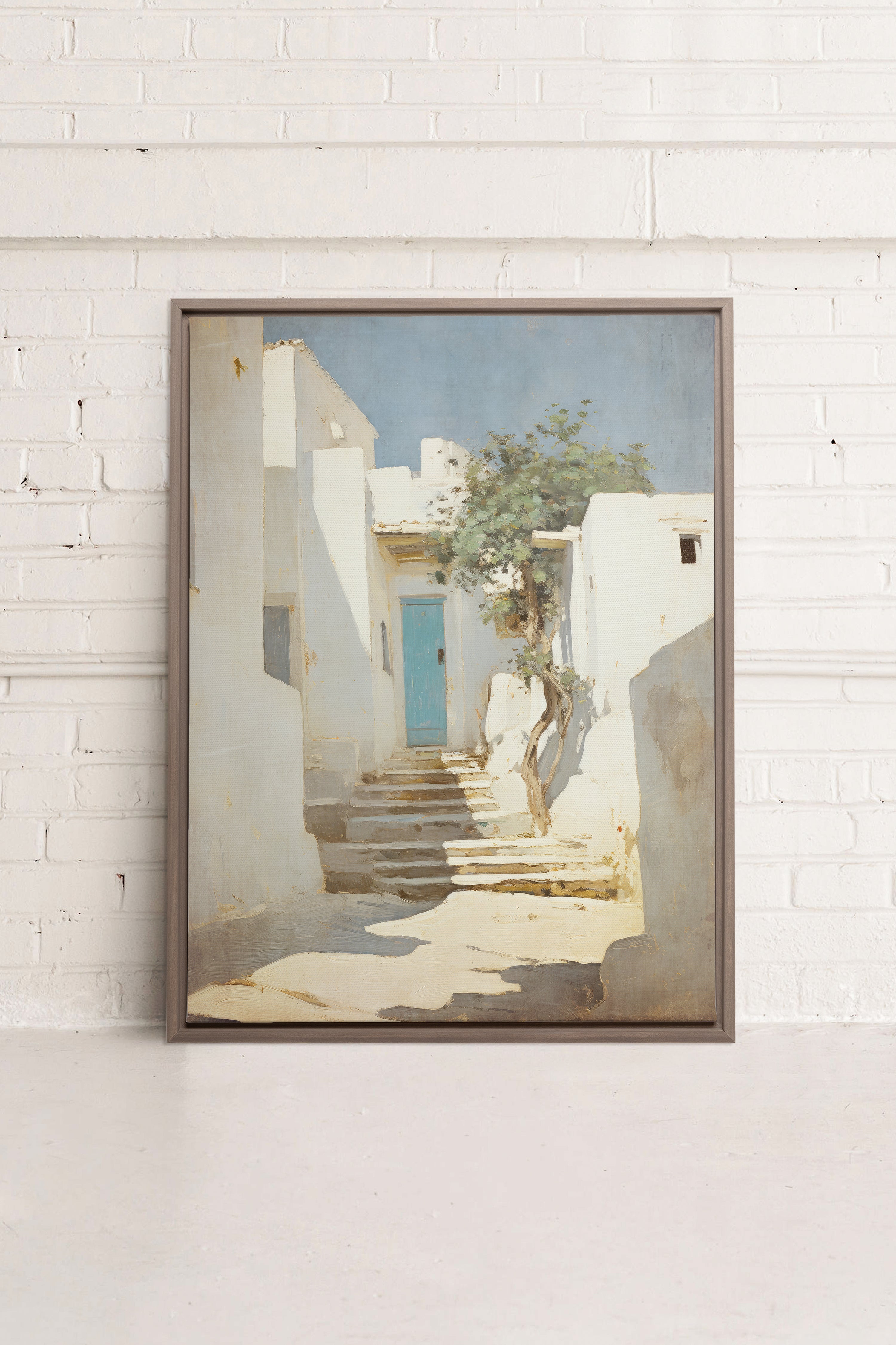 VINTAGE GREEK VILLAS, Artwork on stretched canvas, framed in Brown Oak