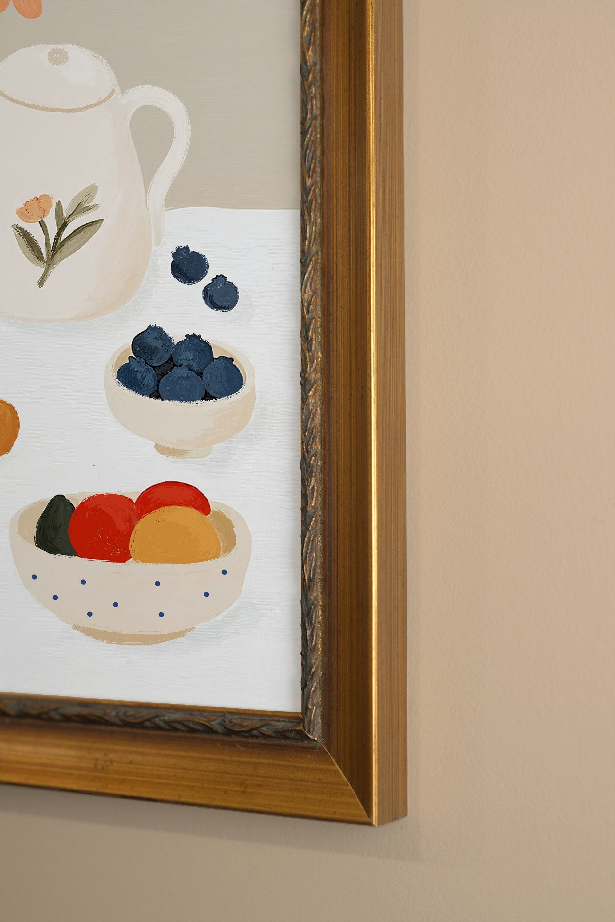 PETIT DÉJEUNER FLEURI, Oeuvre sur toile rigide, encadré Vintage Or