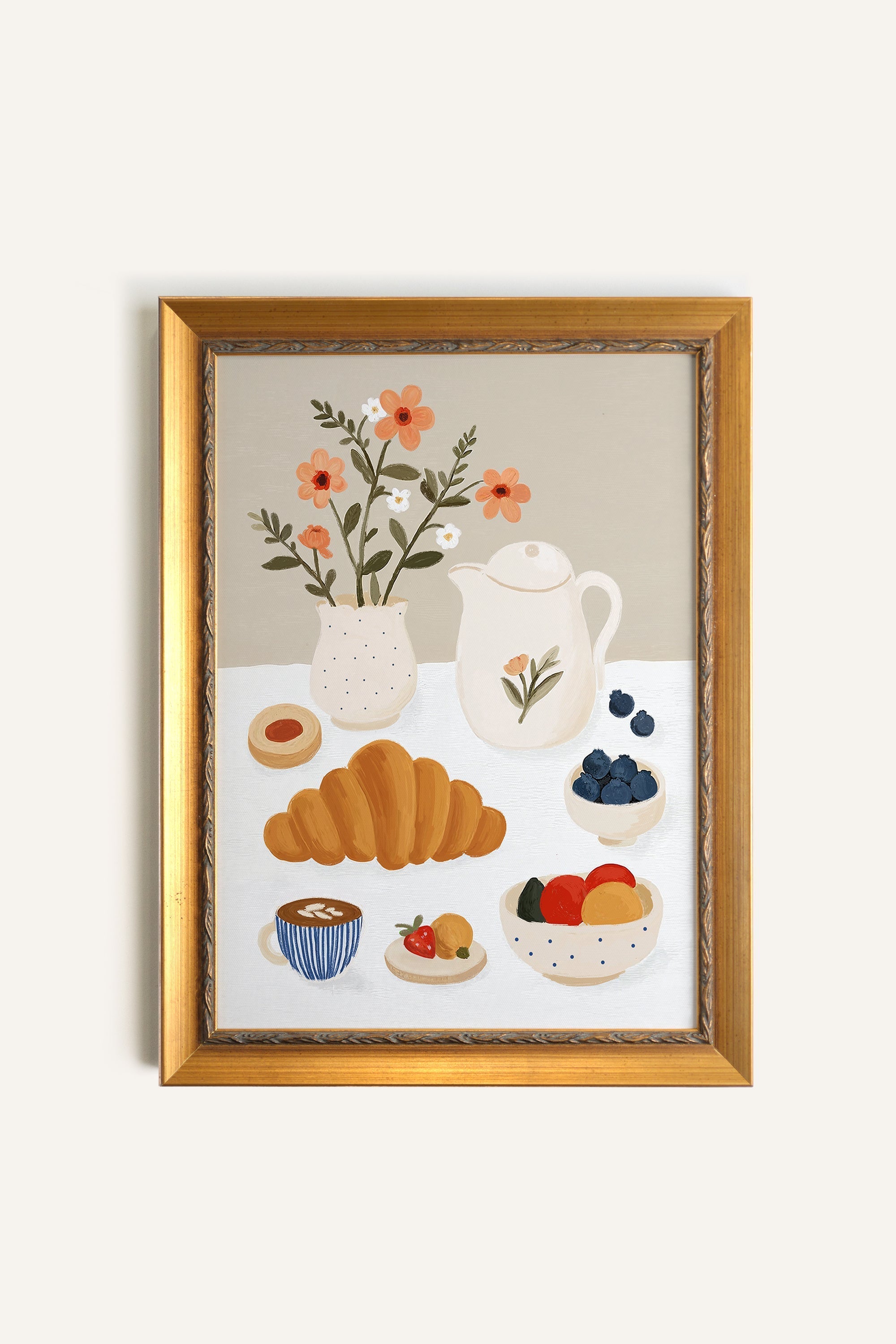 PETIT DÉJEUNER FLEURI, Oeuvre sur toile rigide, encadré Vintage Or