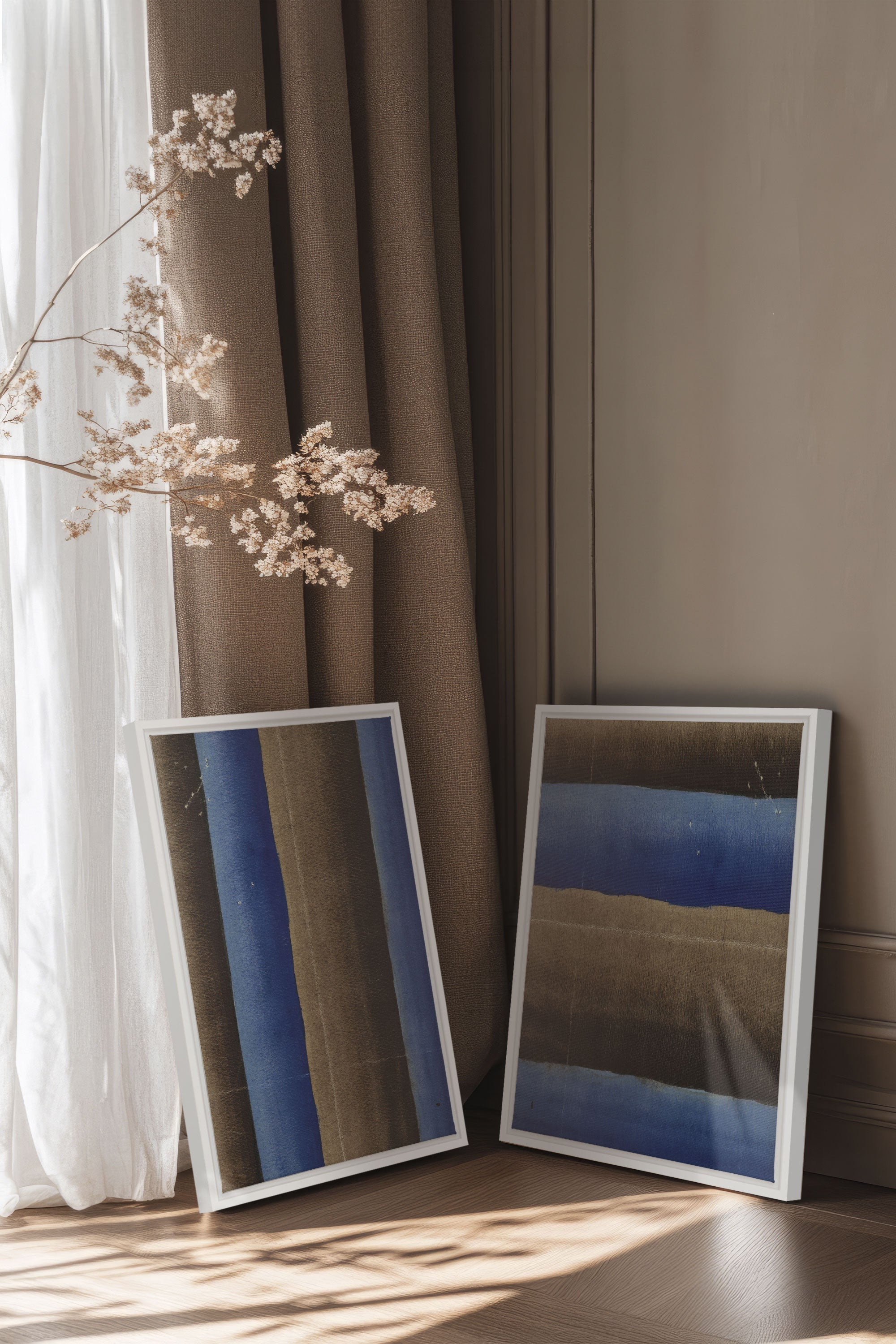 TERRE ET MARÉE, 2 Oeuvres sur toile étirée, encadré Blanc