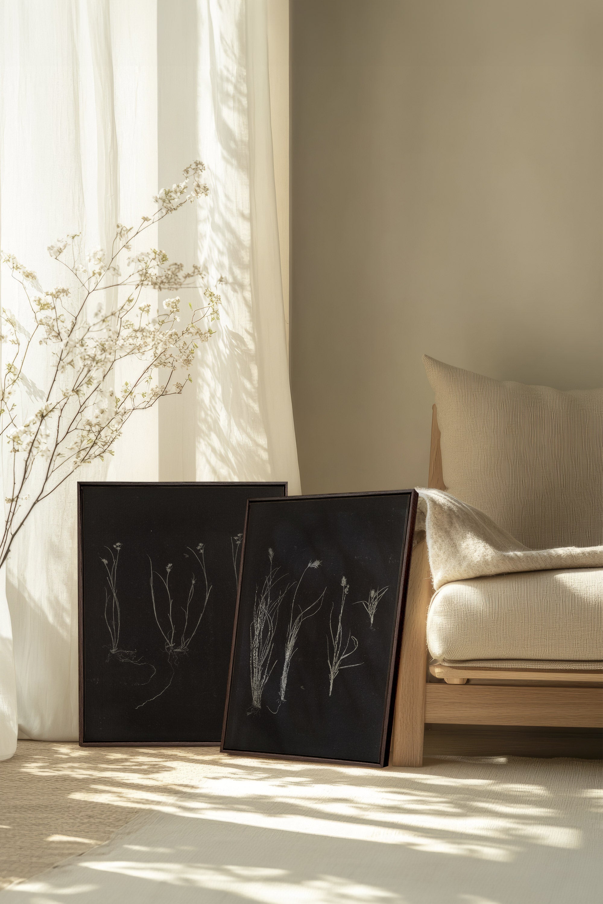 DUO TRACES DE VIE, 2 Works on stretched canvas, framed Walnut Brown