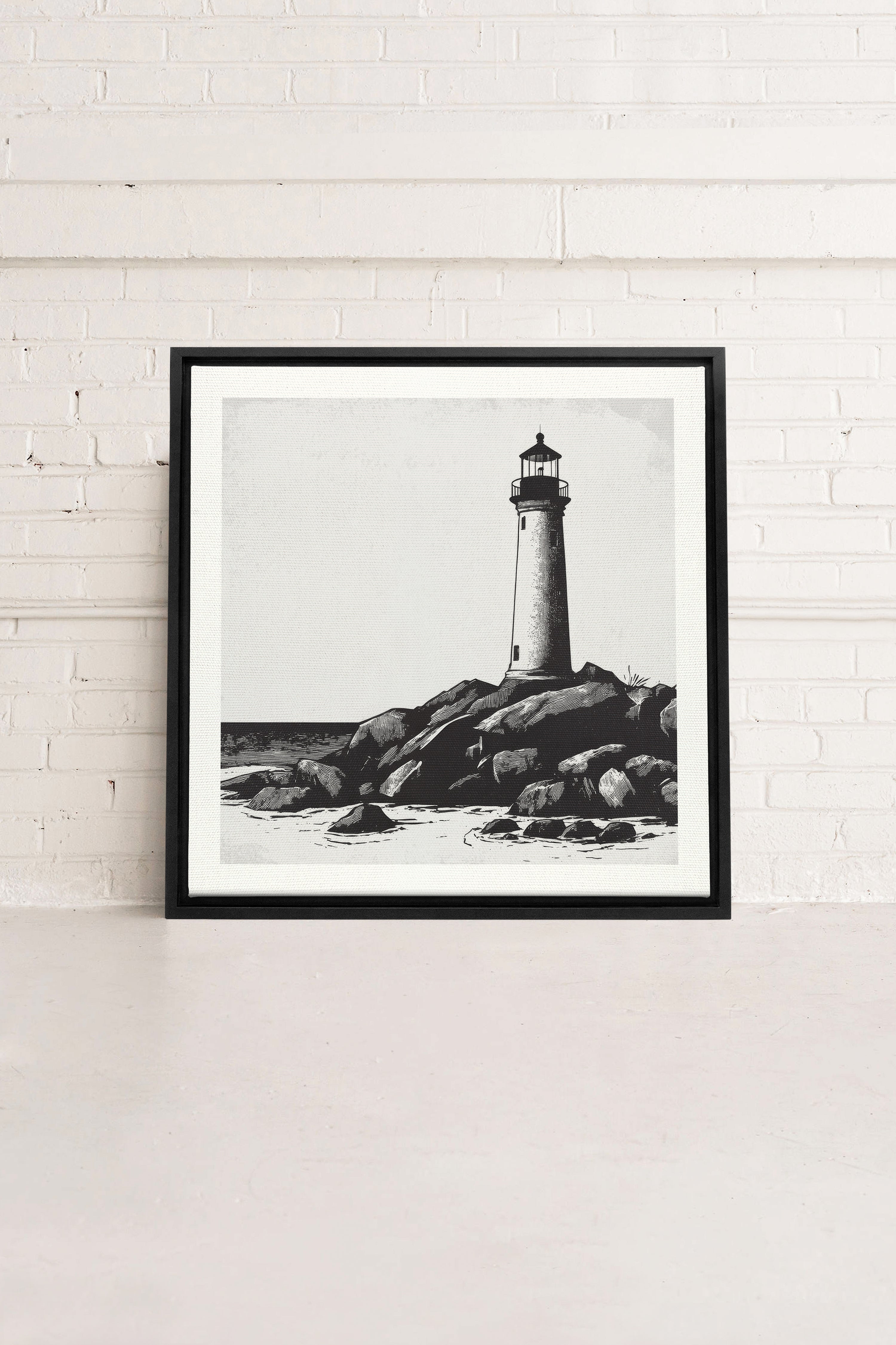 ROCKY SHORE LIGHT, Artwork on stretched canvas, framed in black