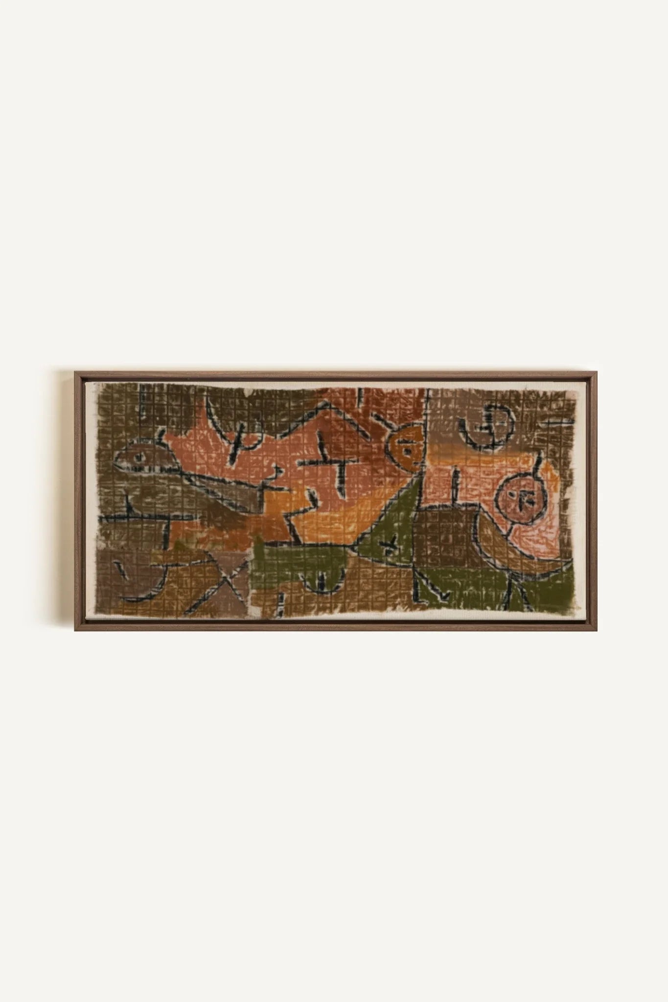 PRIMITIVE GRID, Oeuvre sur toile étirée, encadré Brun Chêne