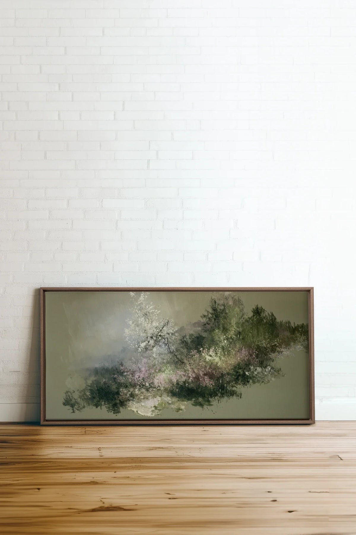 JARDIN DES BRUMES, Oeuvre sur toile étirée, encadré Brun Chêne