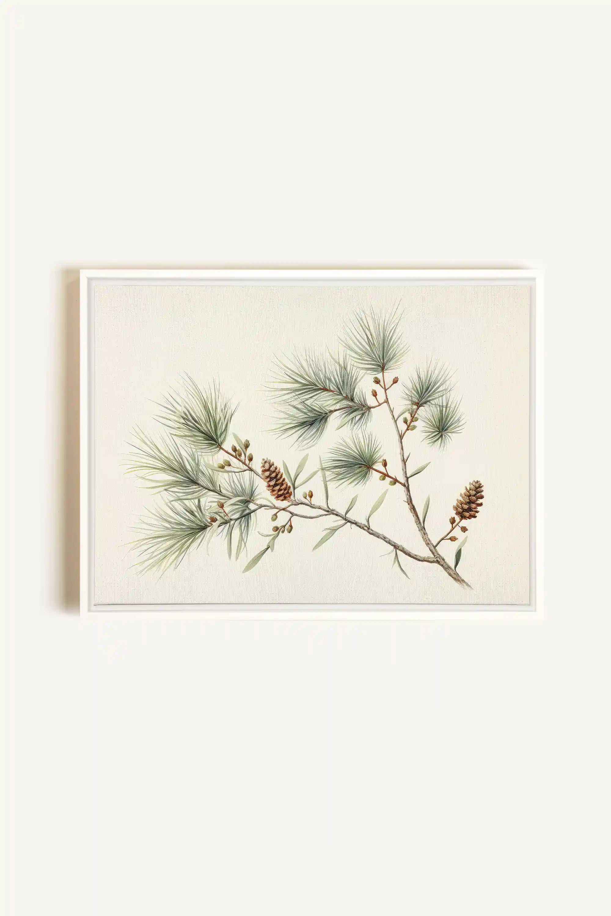 Conifer Branch, Artwork on stretched canvas, framed in white