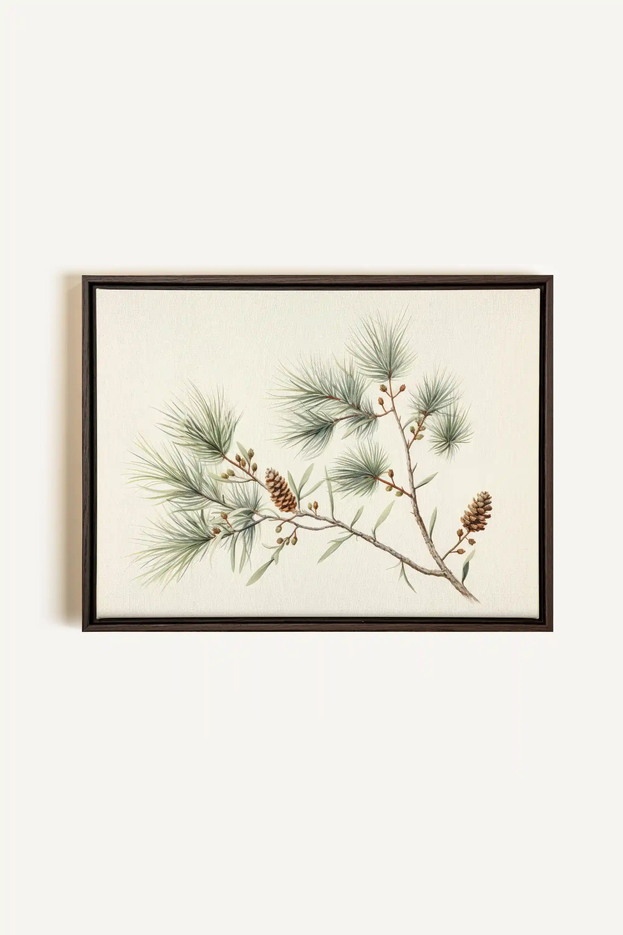 Conifer Branch, Artwork on stretched canvas, framed in Walnut Brown