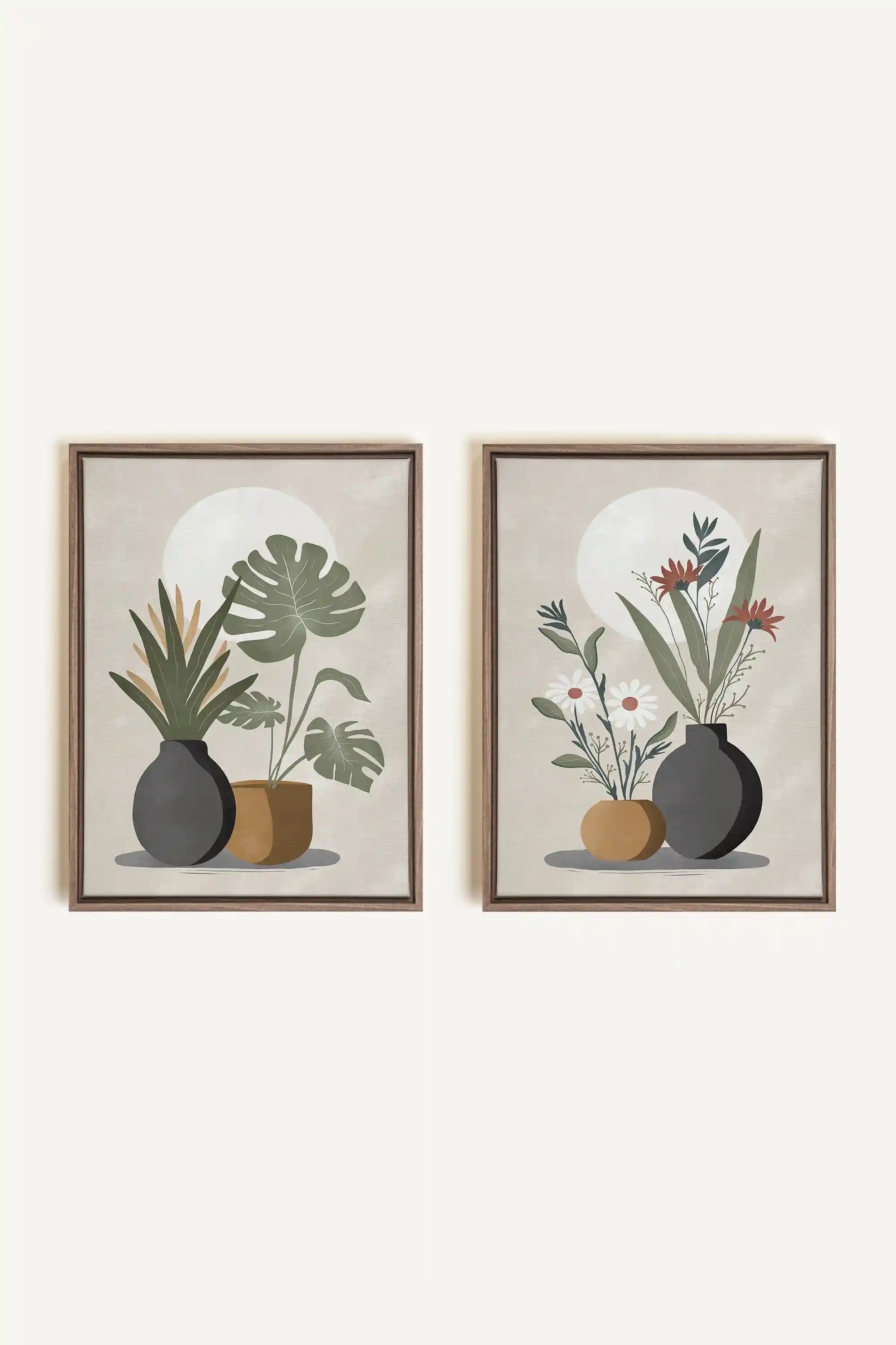 DUO COMPLICITÉ FLORALE, 2 Oeuvres sur toile étirée, encadré Brun Chêne