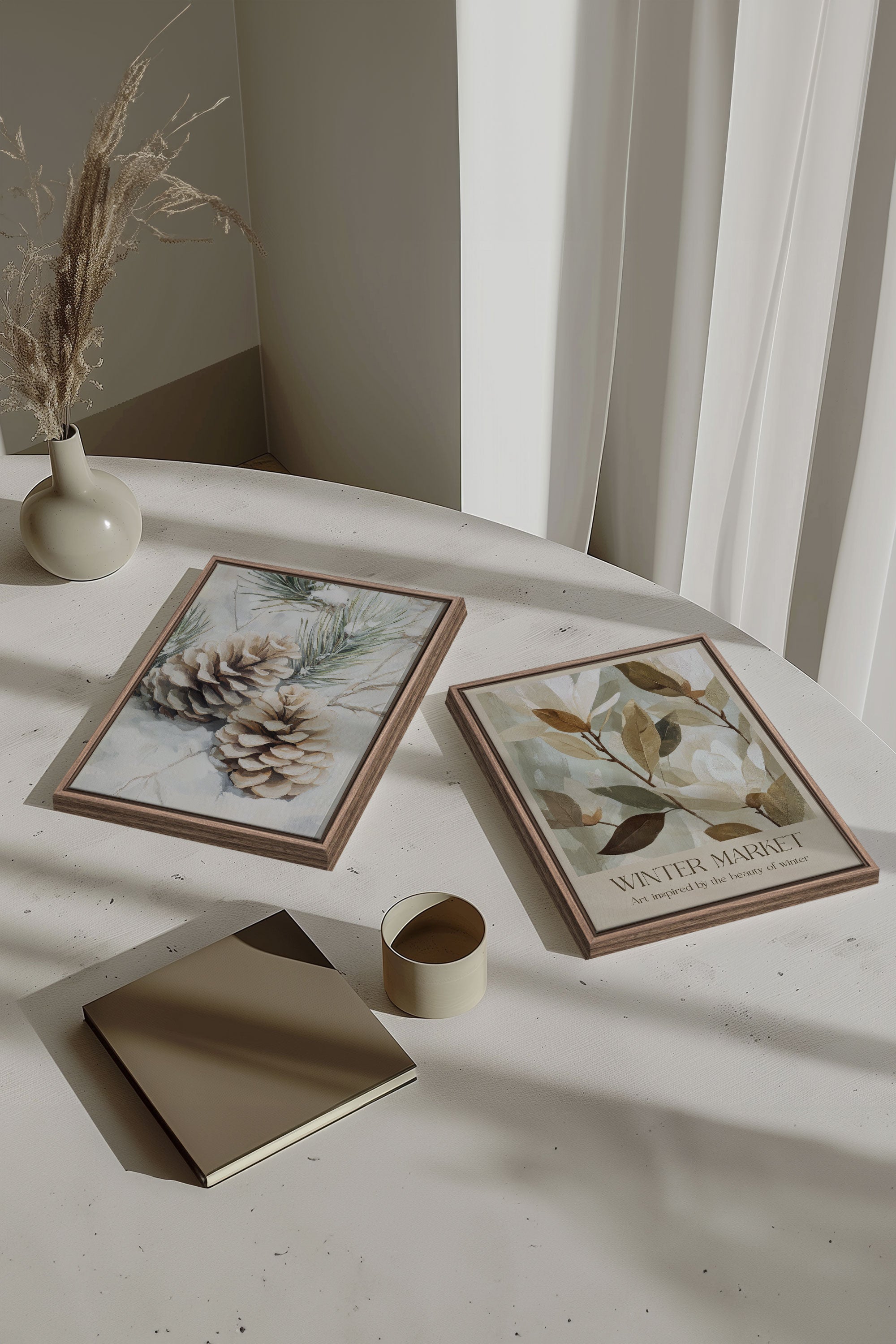 DUO GIVRE ET NATURE, Artwork on stretched canvas, framed in Brown Oak