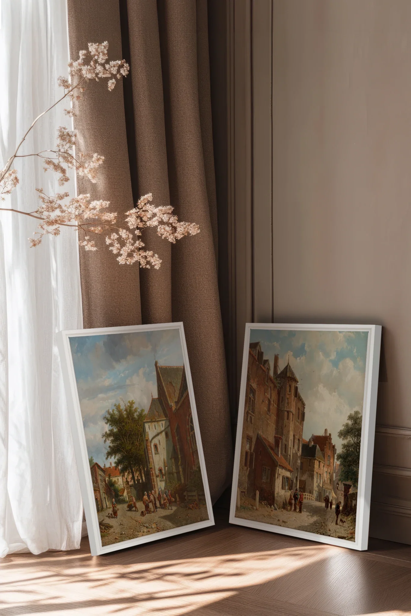 DUO LE VIEUX QUARTIER, 2 Oeuvres sur toile étirée, encadré Blanc