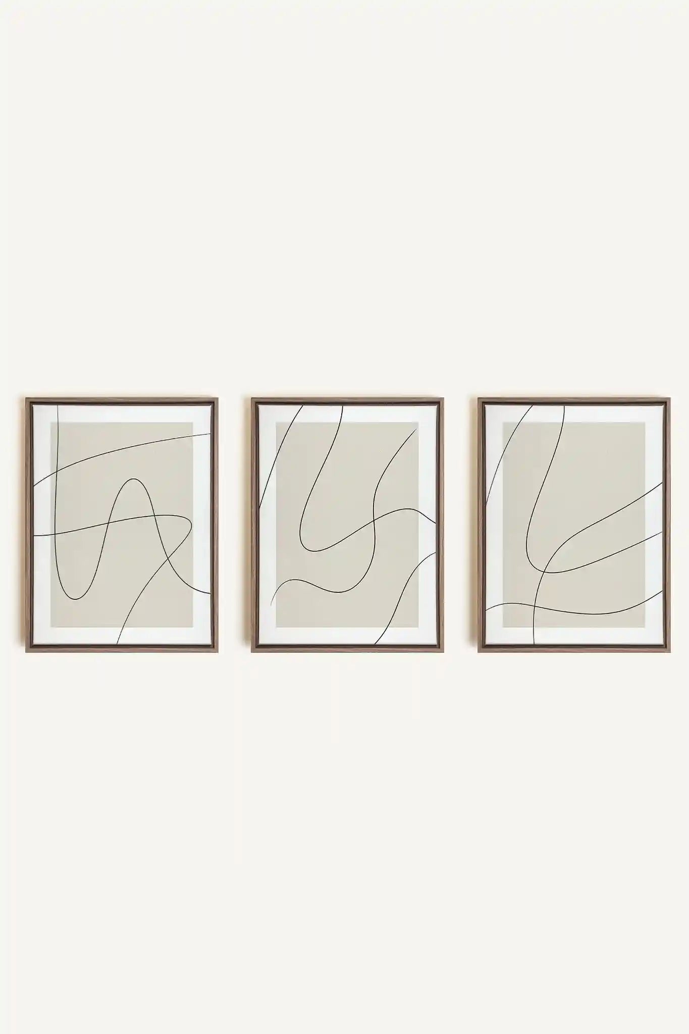 ELEGANT CURVES TRIO, 3 Works on stretched canvas, framed in Brown Oak