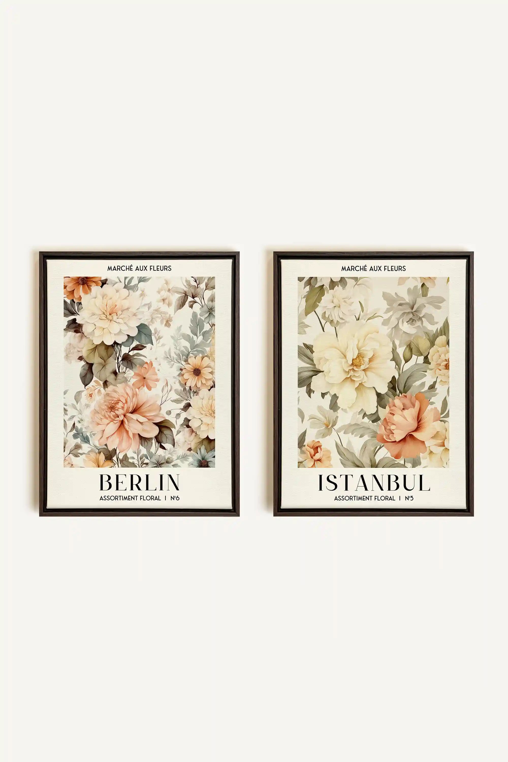 DUO ASSORTIMENT FLORAL, 2 Works on stretched canvas, framed in Walnut Brown