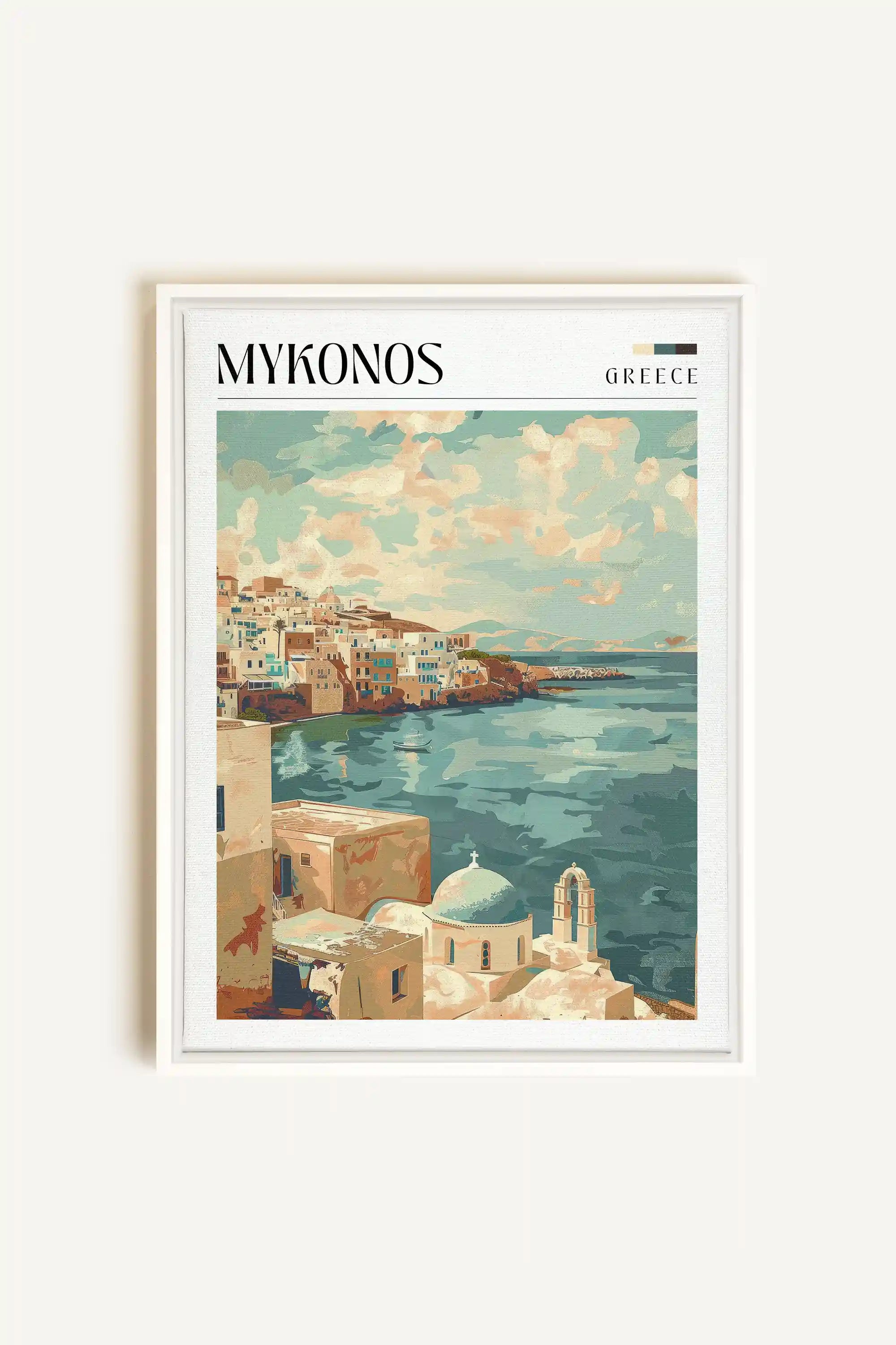 Mykonos, Artwork on stretched canvas, framed in white