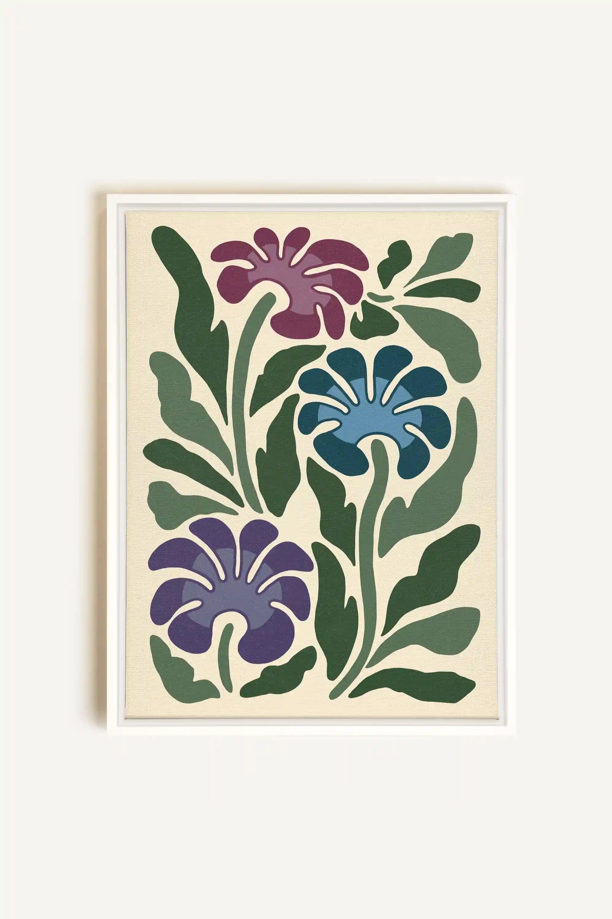 MYSTIC AZURE BLOOMS, Artwork on stretched canvas, framed in white