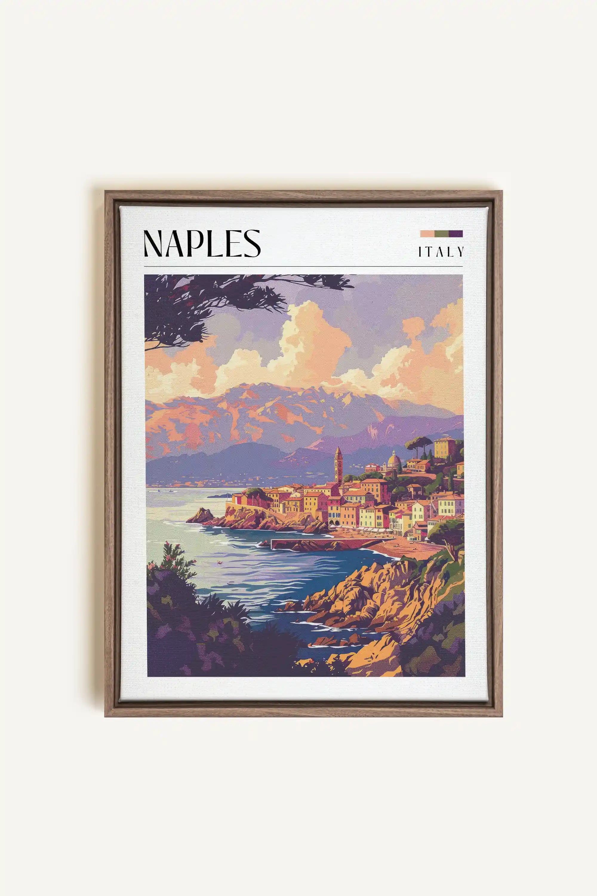 Naples, Oeuvre sur toile étirée, encadré Brun Chêne