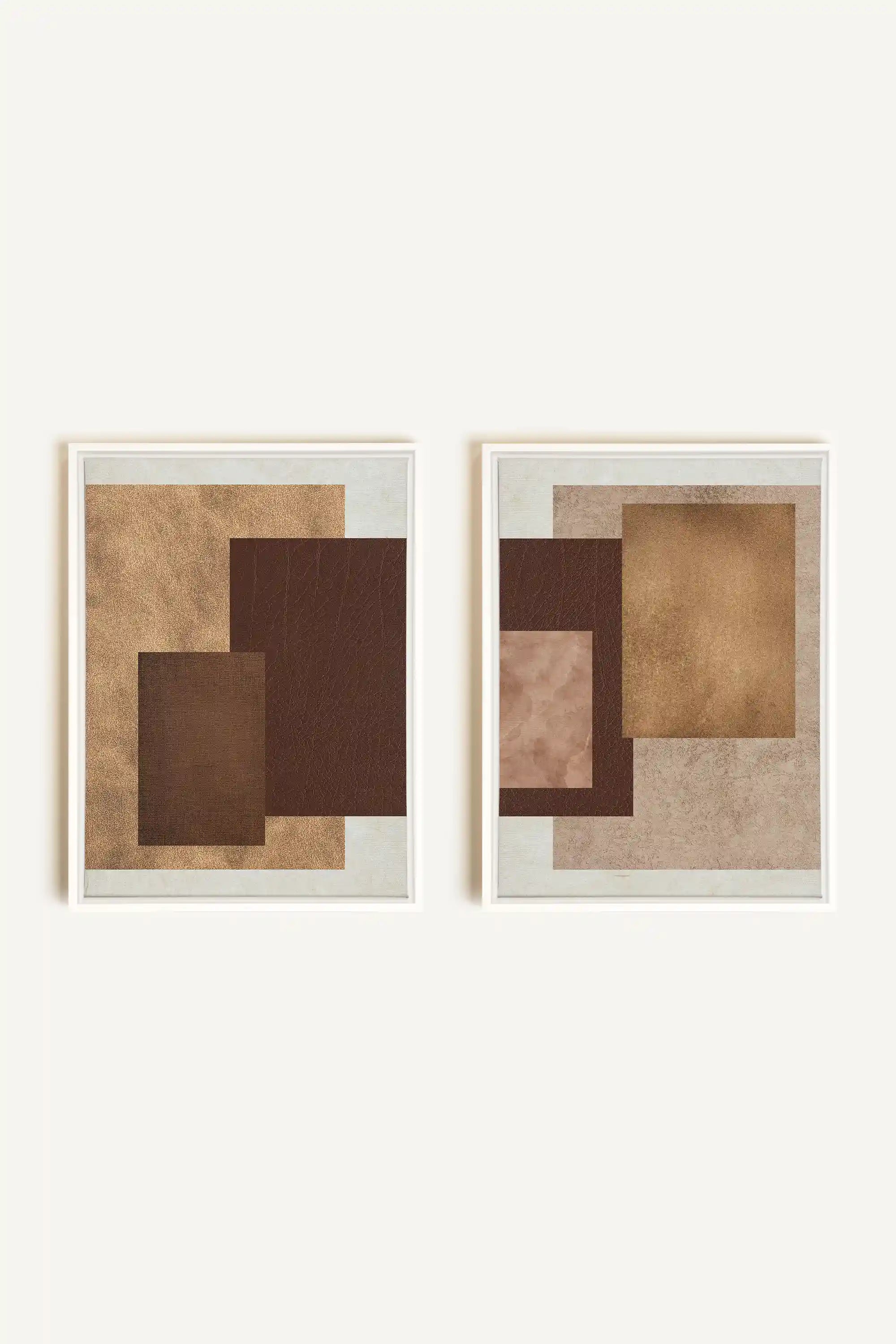RUST & LEATHER DUO, 2 Works on stretched canvas, framed in white