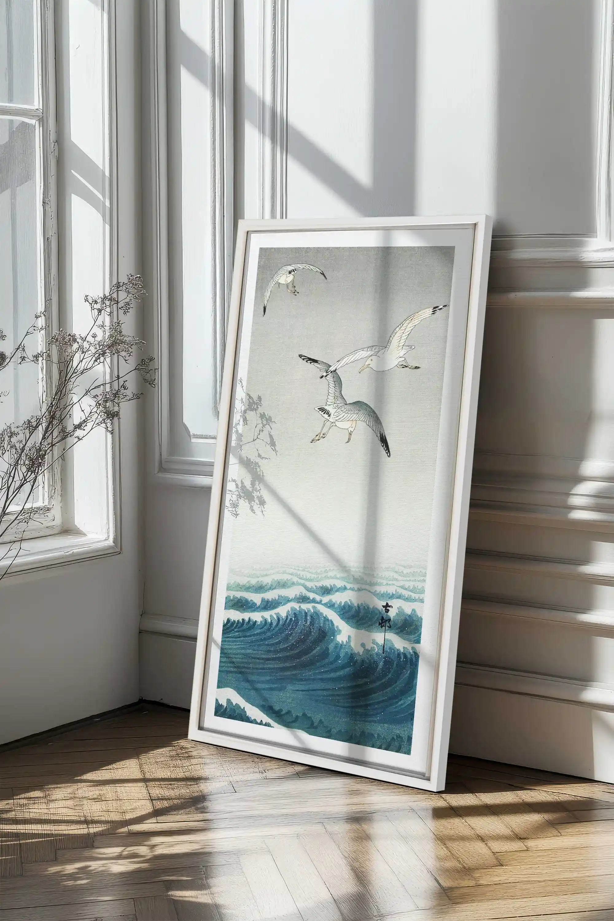 THREE SEAGULLS, Artwork on stretched canvas, framed in white