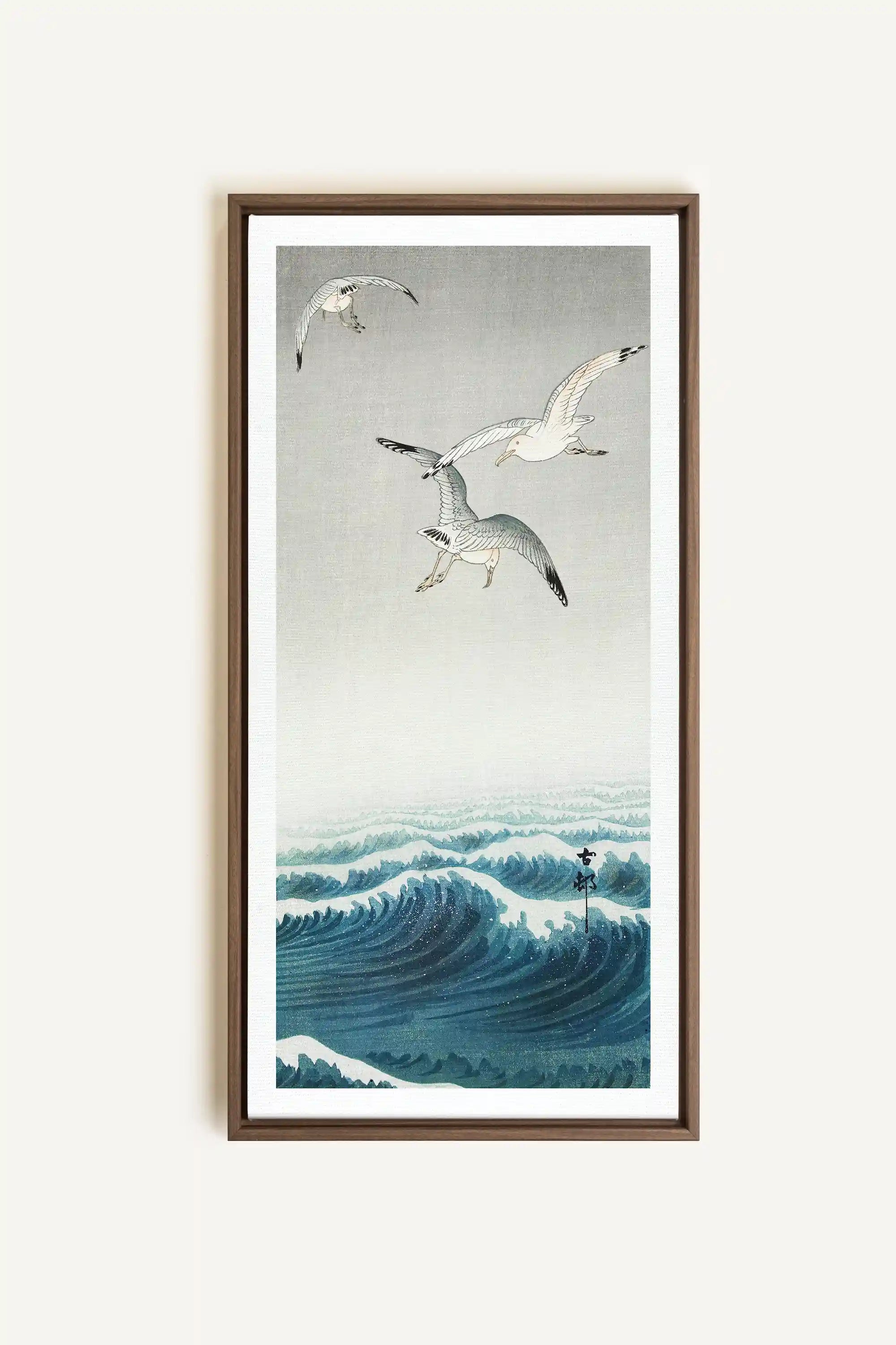 THREE SEAGULLS, Oeuvre sur toile étirée, encadré Brun Chêne