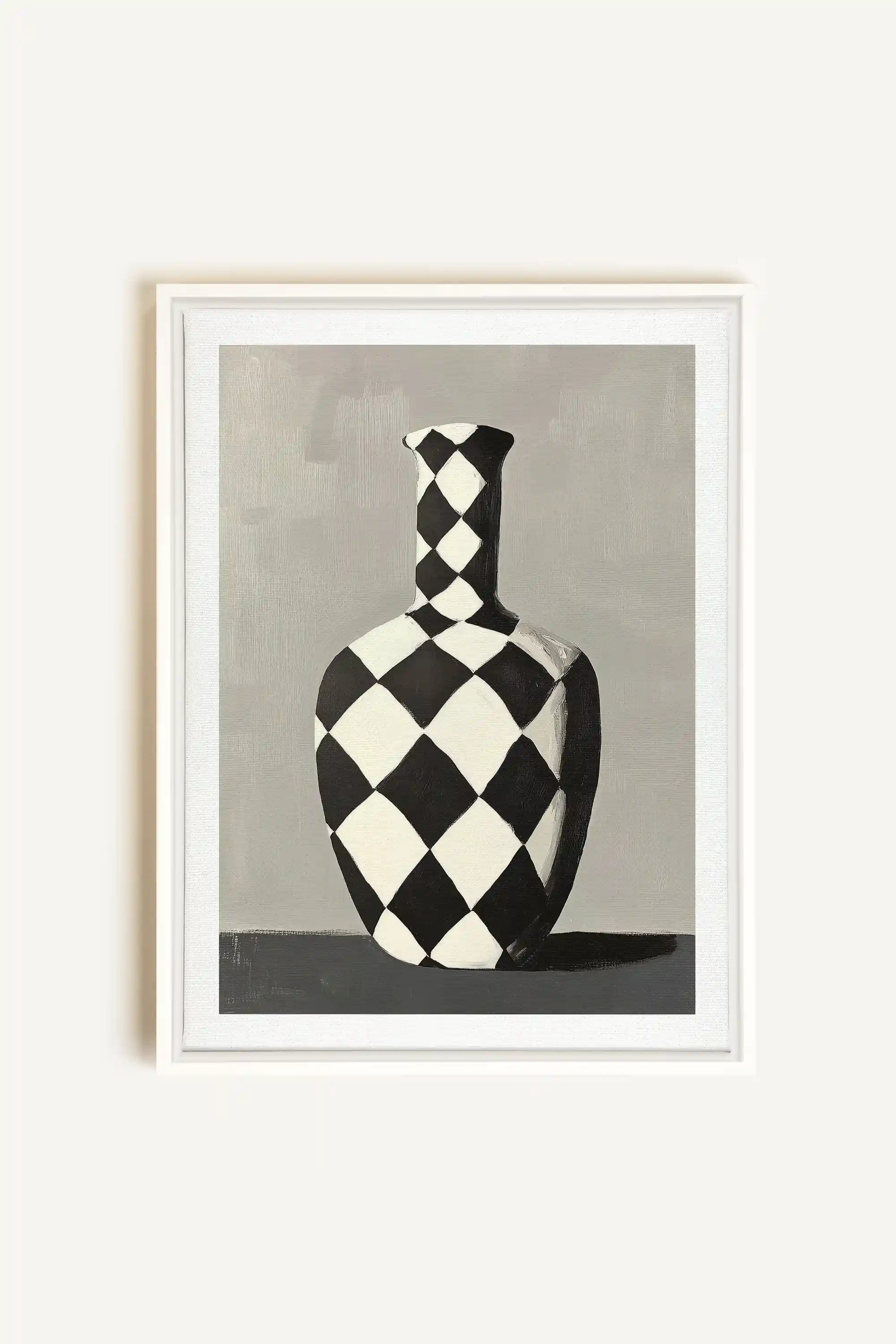 VASE EN DAMIER, Oeuvre sur toile étirée, encadré Blanc