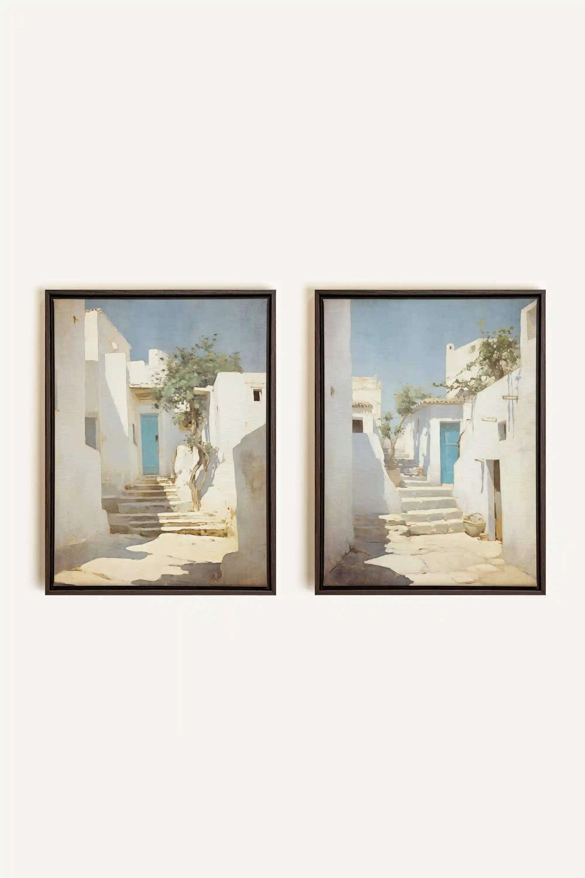 COMBINAISON VINTAGE GREEK VILLAS, 2 Works on stretched canvas, framed in Walnut Brown