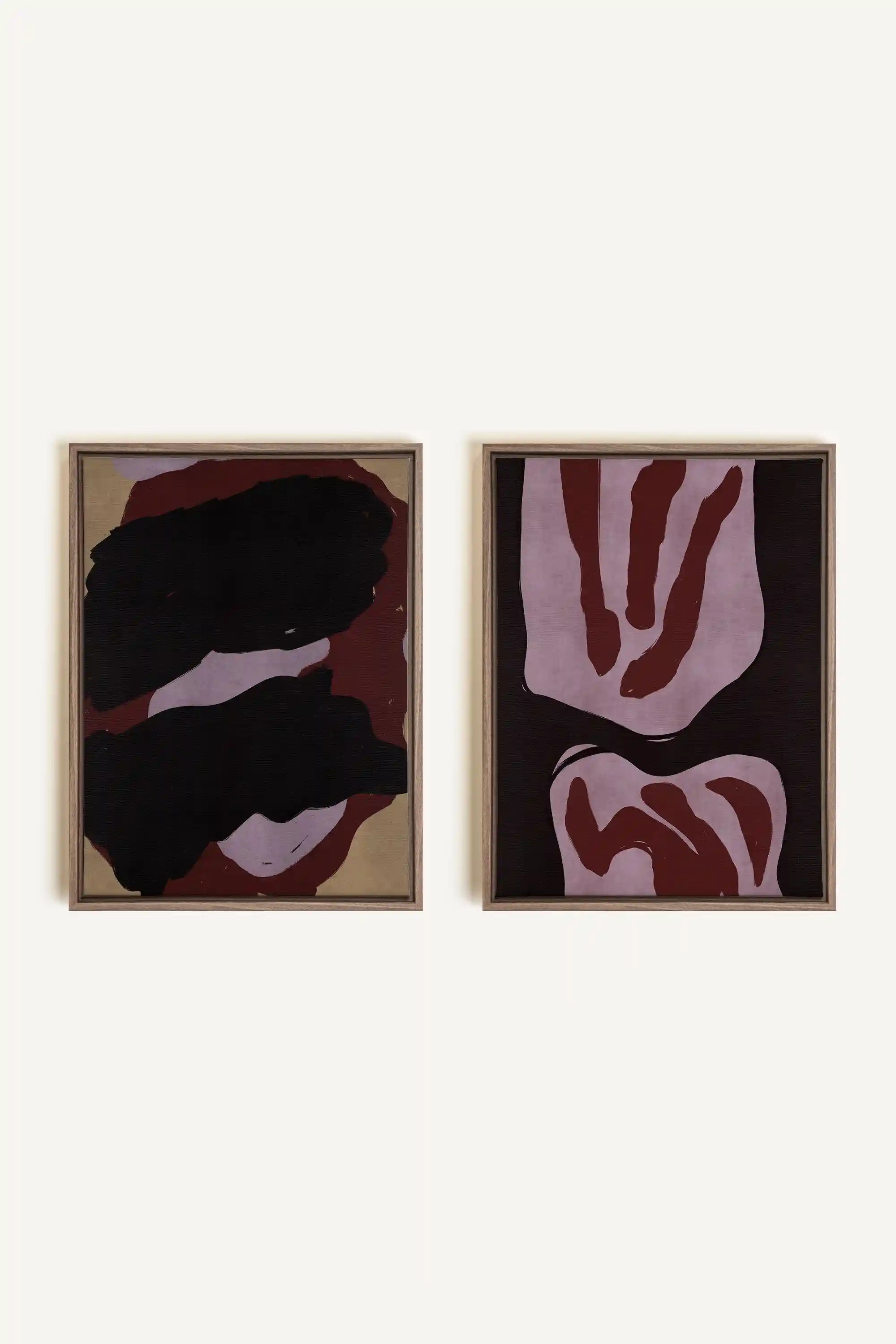 DUO INK & DUST, 2 Works on stretched canvas, framed Oak Brown