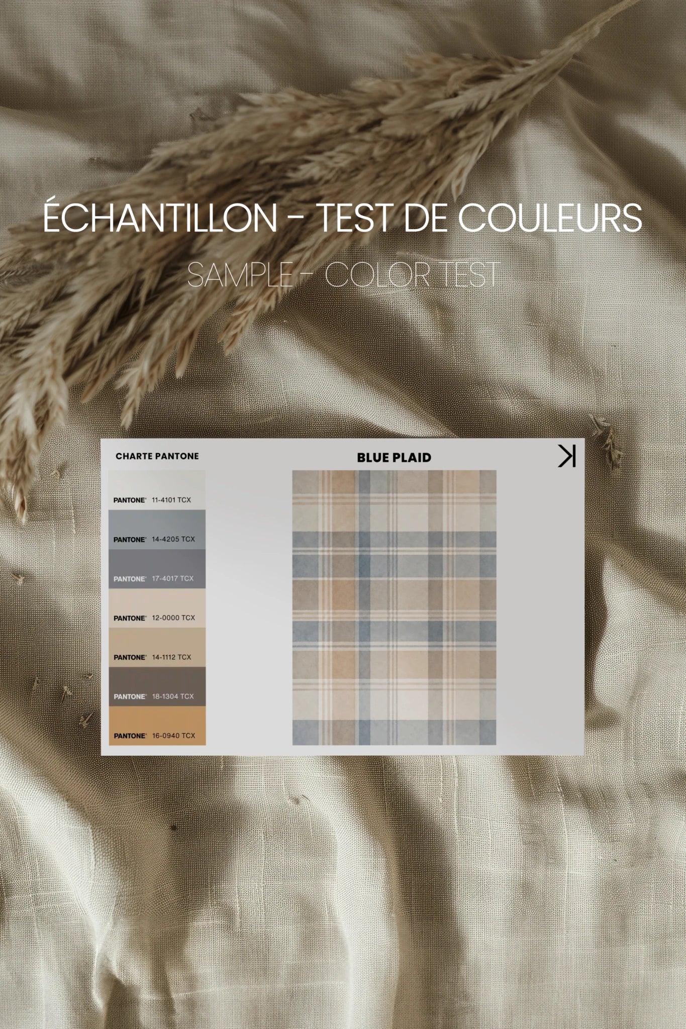 BLUE PLAID, Oeuvre sur toile rigide, encadré brun chêne