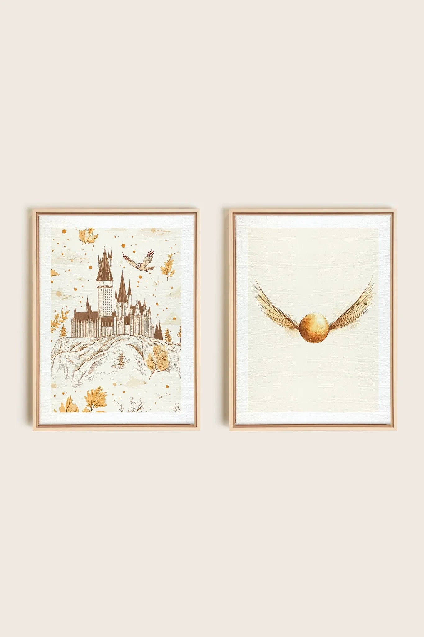 OLEKA CANVAS - GOLDEN WINGS DUO, 2 Oeuvres sur toile étirée, encadré Naturel Clair
