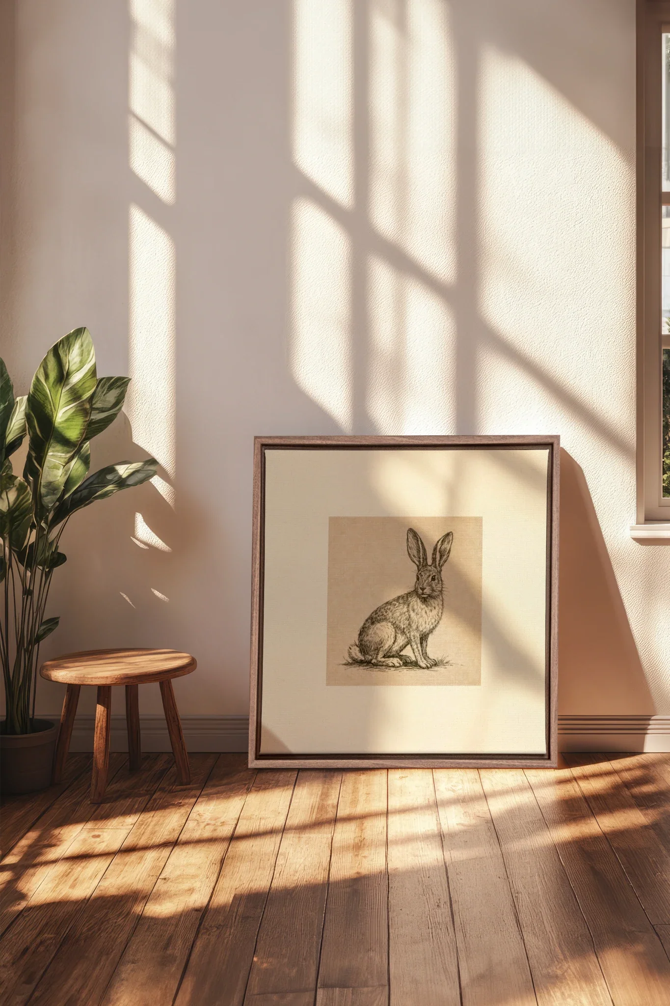 LAPIN DE LIN, Oeuvre sur toile étirée, encadré Brun Chêne