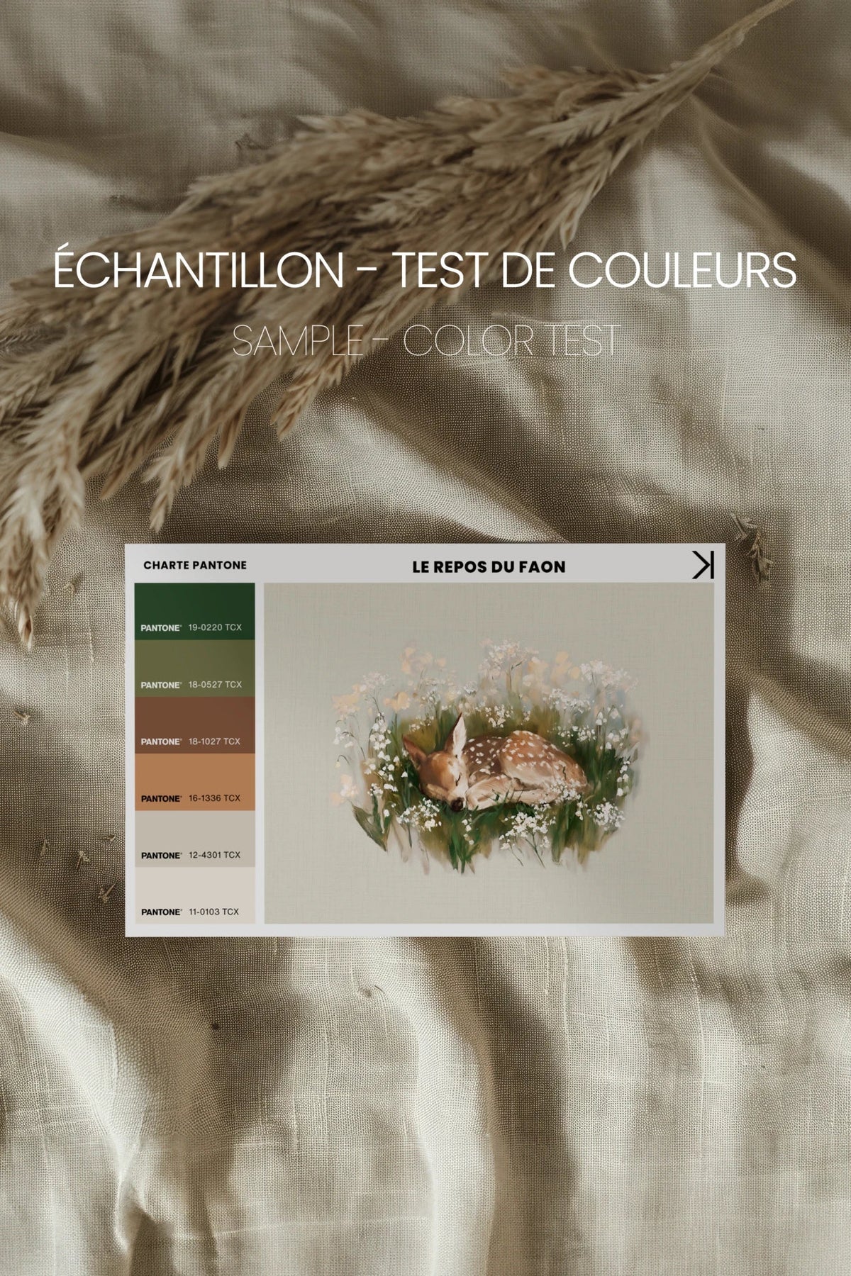 LE REPOS DU FAON, Oeuvre sur toile rigide, encadré brun chêne