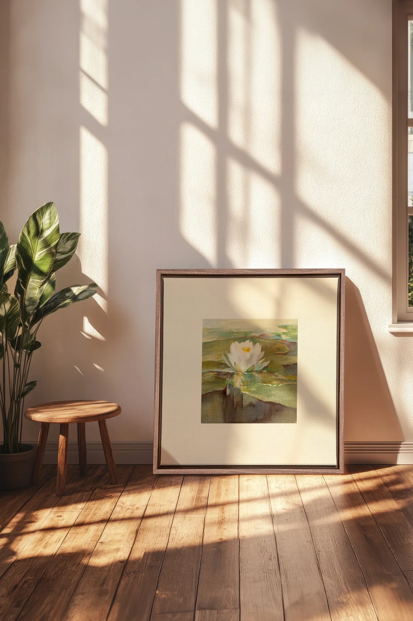 LOTUS DE LIN, Oeuvre sur toile étirée, encadré Brun Chêne