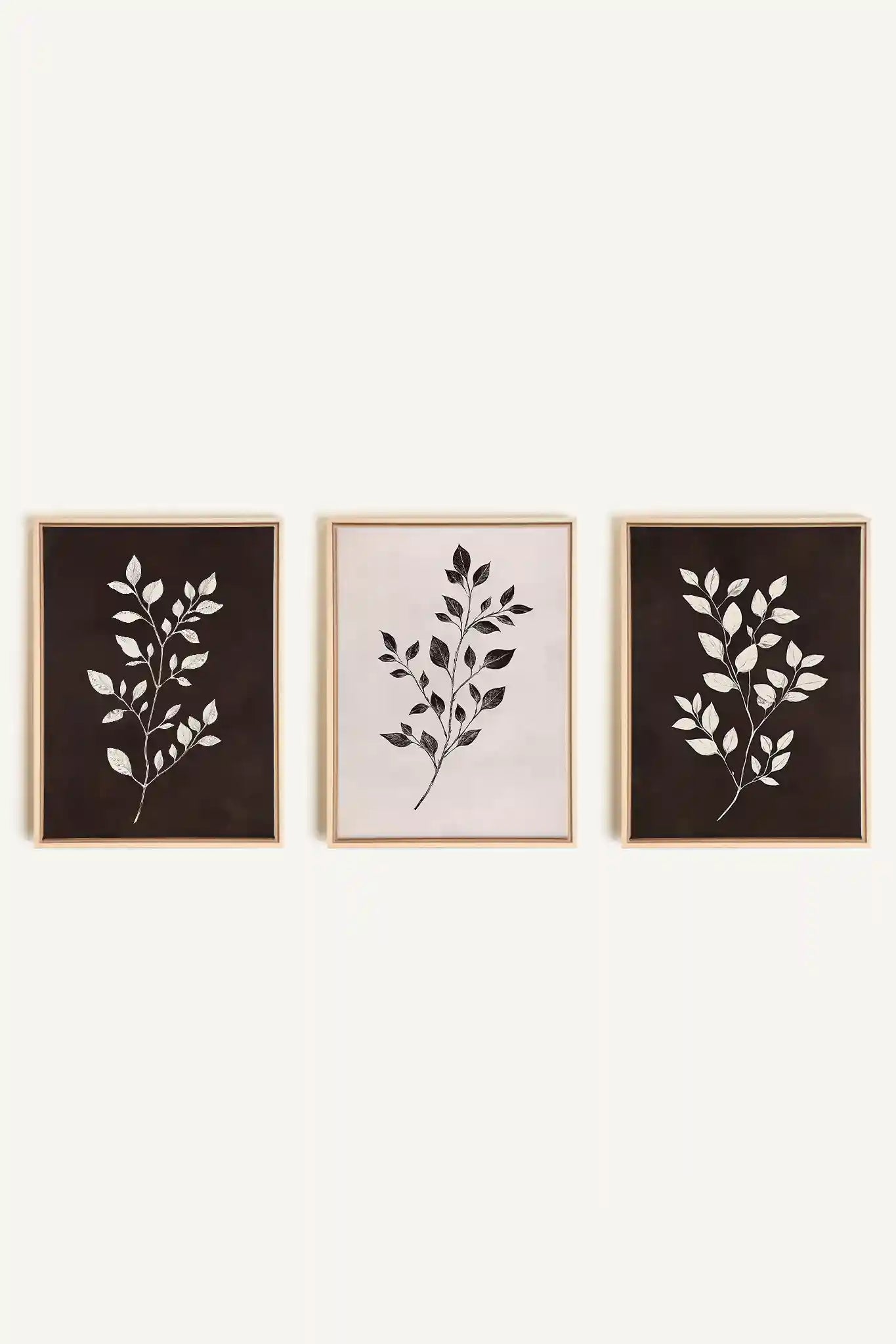TRIO FEUILLAGE BRUN, 3 Oeuvres sur toile étirée, encadré Naturel Clair