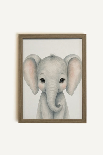 PETIT ÉLÉPHANT, Oeuvre sur toile rigide, encadré brun chêne