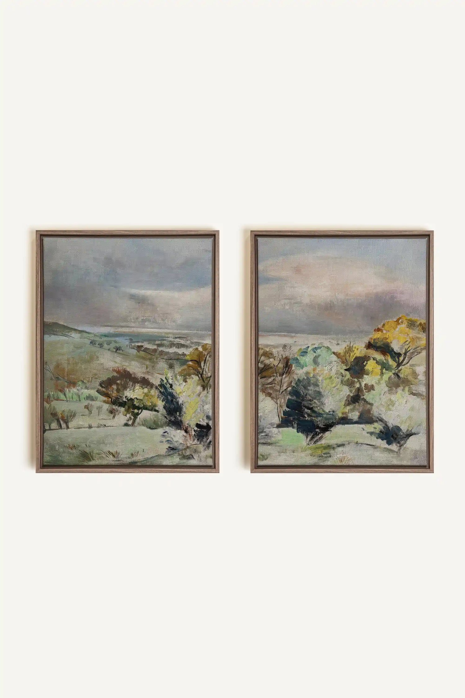 Drifting Light Duo, 2 Works on stretched canvas, framed Oak Brown