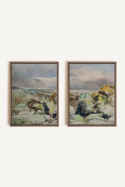 Drifting Light Duo, 2 Works on stretched canvas, framed Oak Brown