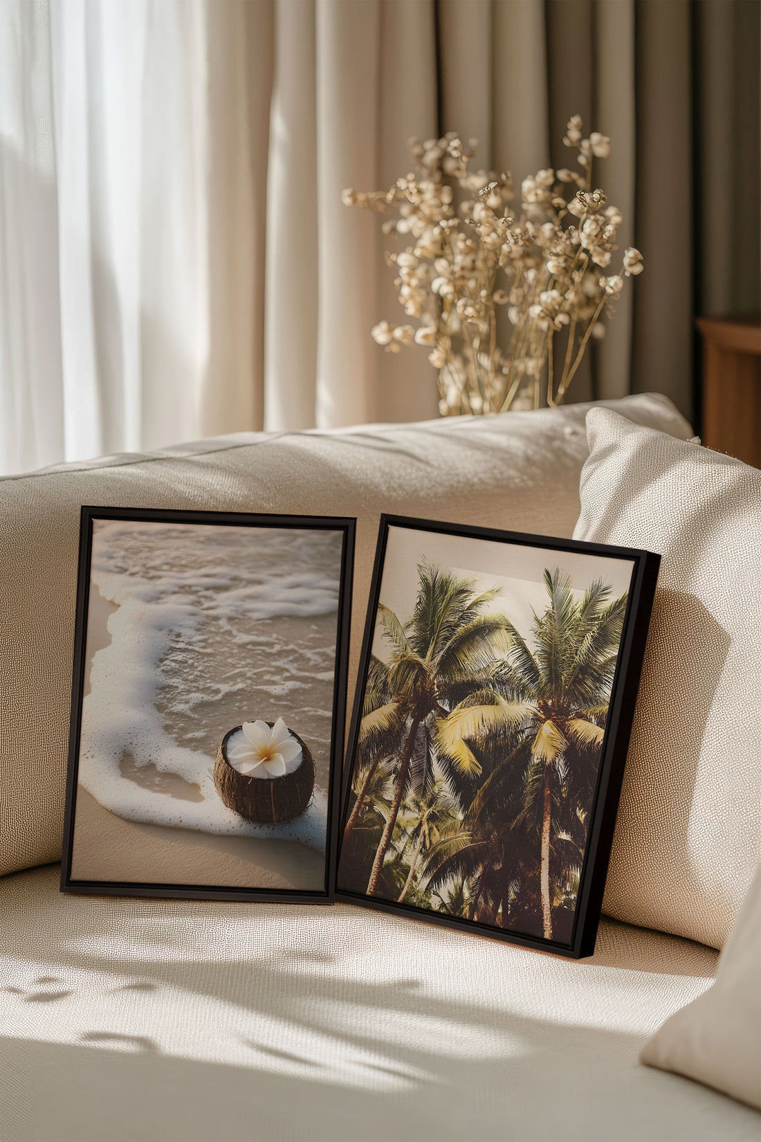 OLEKA CANVAS - DUO SABLE &amp; COCO, 2 Oeuvres sur toile étirée, encadré Noir
