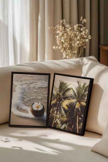 OLEKA CANVAS - DUO SABLE &amp; COCO, 2 Oeuvres sur toile étirée, encadré Noir