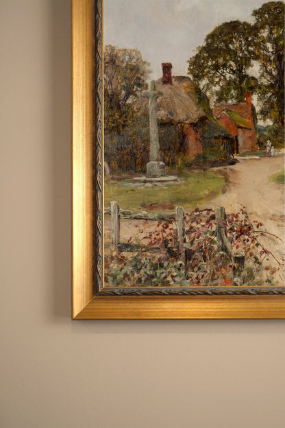 AU COEUR DU VILLAGE, Oeuvre sur toile rigide, encadré Vintage Or