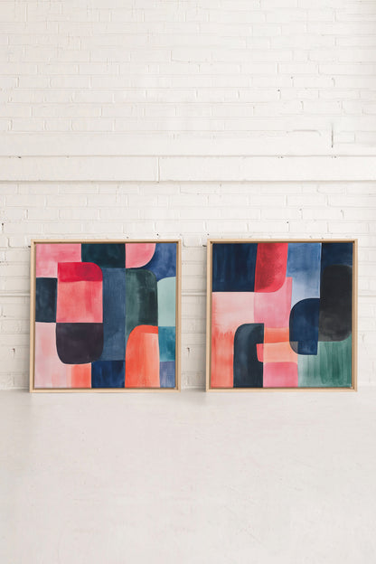 DUO ÉCLATS COLORÉS, 2 Oeuvres sur toile étirée, encadré Naturel Clair