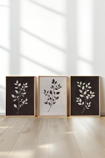 OLEKA CANVAS - TRIO FEUILLAGE BRUN, 3 Oeuvres sur toile étirée, encadré Naturel Clair