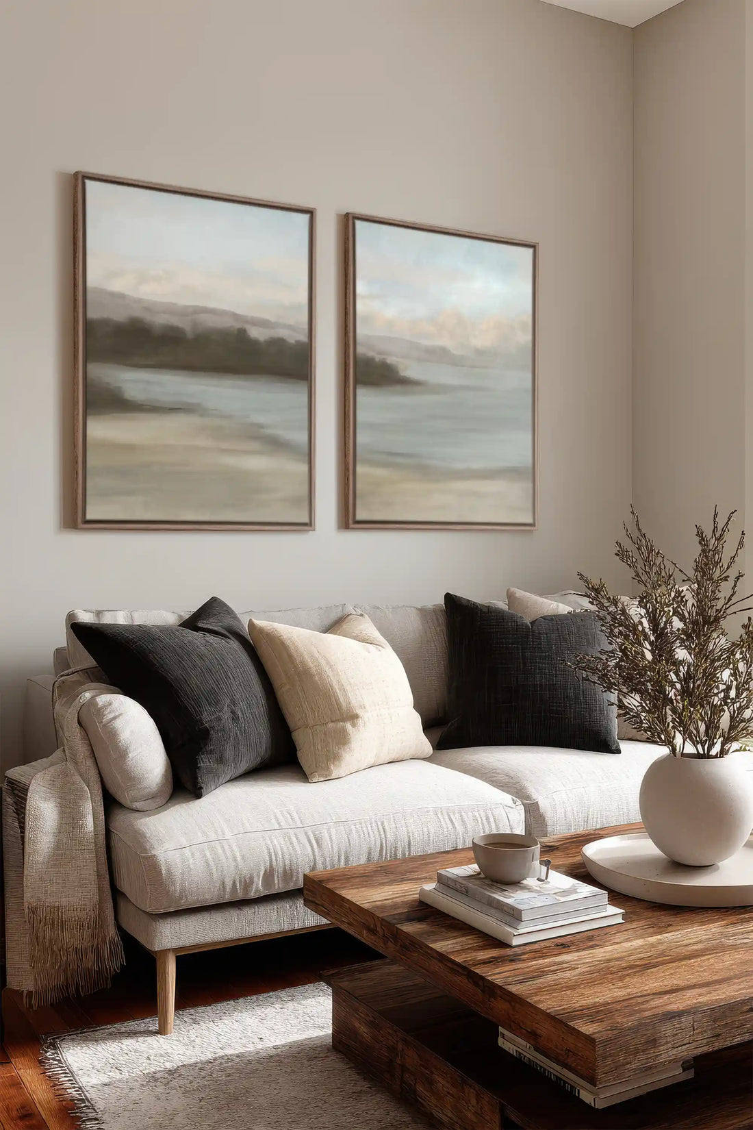 DUO VOILE DE RIVAGE, 2 Oeuvres sur toile étirée, encadré Brun Chêne